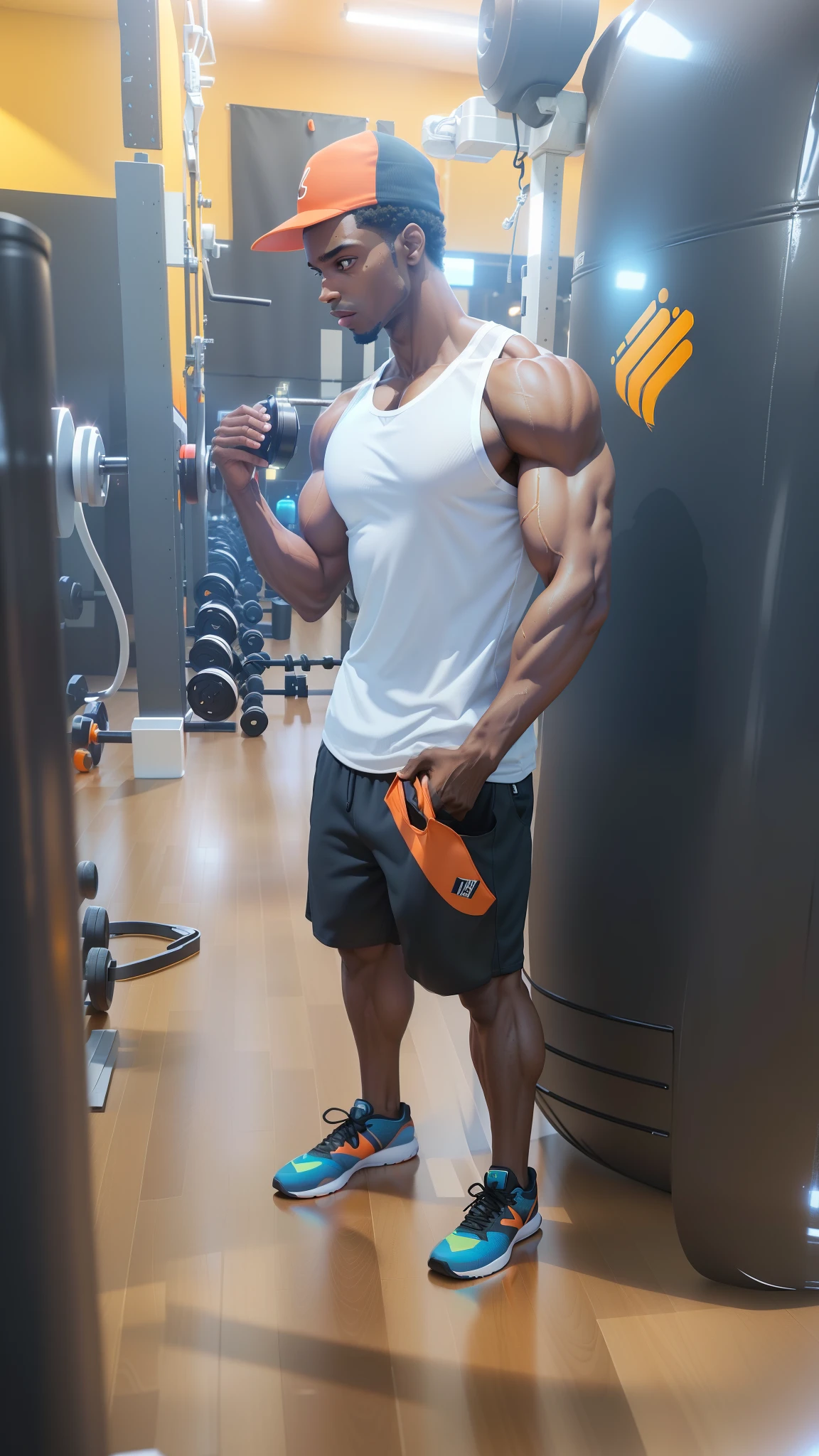 (black skin,detailed face),no beard,white tank top,black shorts,black shoes,orange hat,(engrossed expression,focused look),(athletic build,strong physique),(well-lit studio lighting),(realistic,photo-realistic:1.37),vivid colors,ultra-detailed,body sweating,red water bottle,in a gym setting,holding a cellphone in the right hand