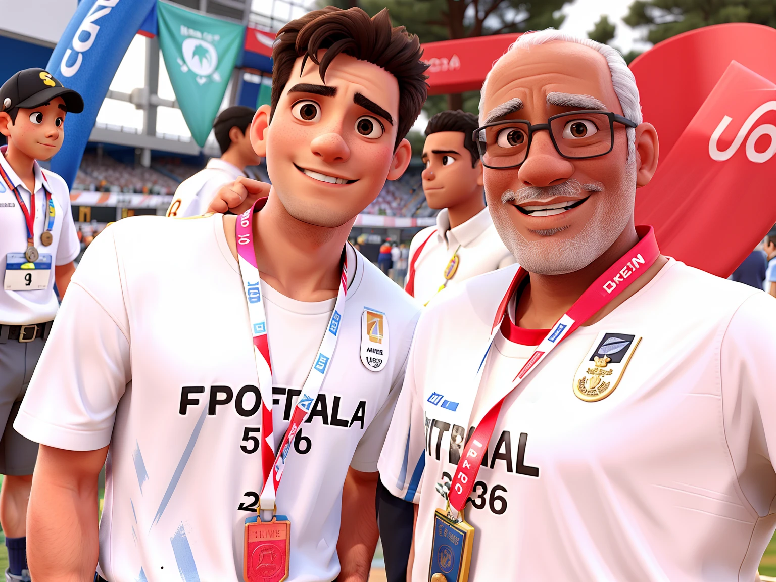 Father and son after a race with medal around their necks