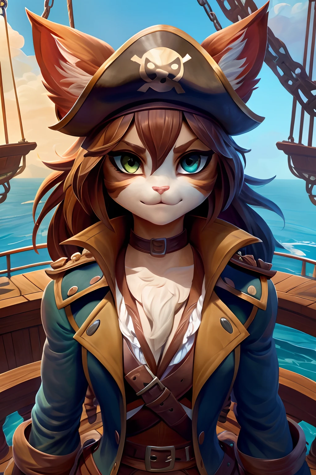 Cat Swashbuckler, Dungeons and Dragons character portrait, pirate attire, high resolution, perfect colors, perfect shadows, beautiful and detailed portrait of a (((feminine))), perfect lighting, Lots of fluff, Blind in one eye, Beautiful green eyes, fit body, perfect feminine body, detailed fur, detailed face, ((Bonifasko lighting)), (detailed eyes), perfect pupils, Tall, Long brown hair, messy long hair, pirate captain's hat, cat ears, full body portrait, clothed, multicolored eyes, heterochromia, 4k, best quality, masterpiece