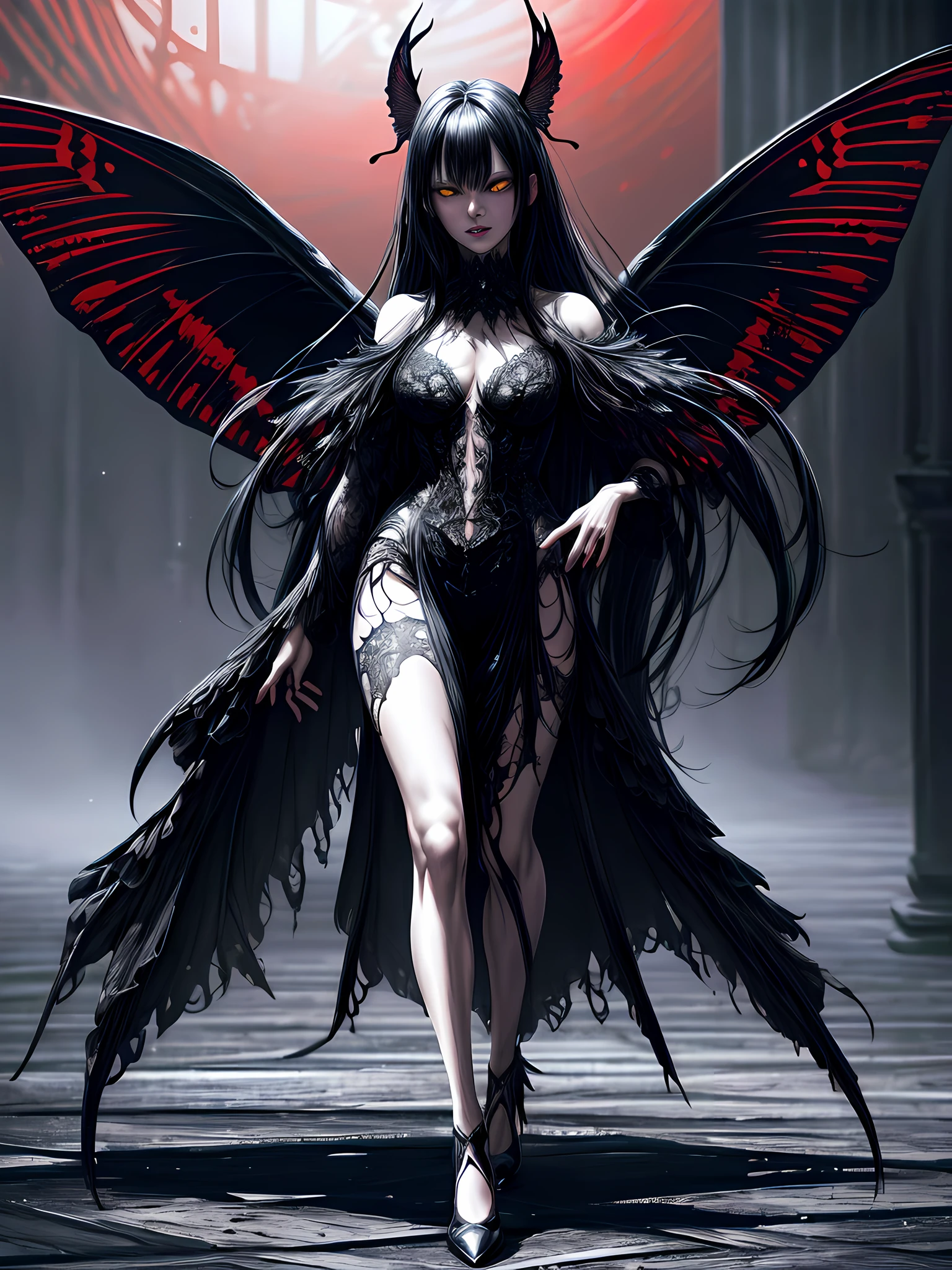 high details, best quality, 16k, RAW, [best detailed], masterpiece, best quality, (extremely detailed), (full body: 1.2), ultra wide shot, photorealistic, dark fantasy art, gothic art, an award winning photoshoot picture of an a dark vampiric fairy, exquisite beautifully fairy, ultra feminine, ultra detailed face,  red skin, black hair, glowing yellow eyes, black and red butterfly wings, wearing  clinging intricate details blue dress, wearing high heels,  walking on a fashion the (wood catwalk on the runway of a famous fashion show: 1.1), model fashion show background,  High Detail, Ultra High Quality, High Resolution, 16K Resolution, Ultra HD Pictures, Ultra Realistic, Clear Details, Realistic Detail, Ultra High Definition