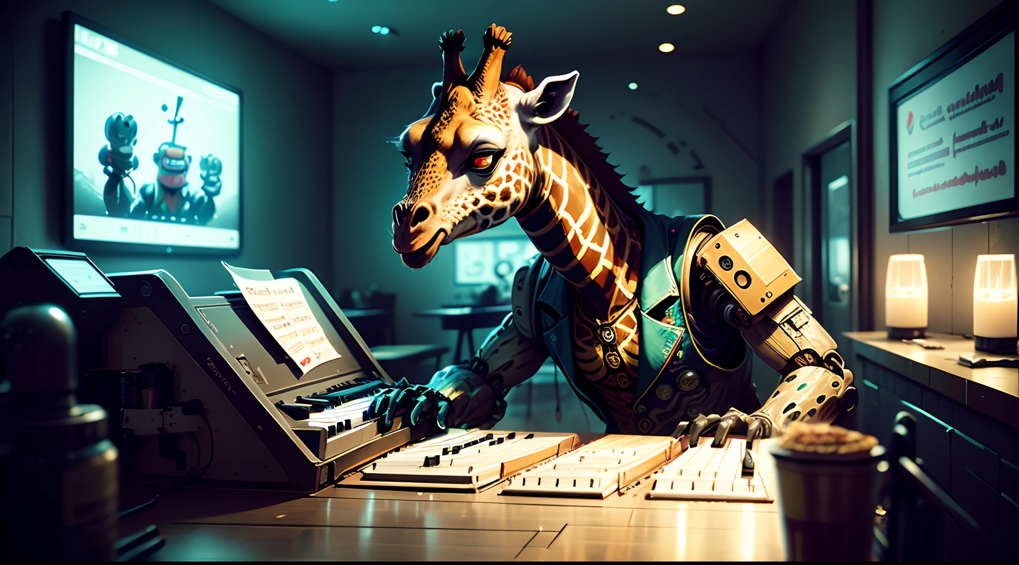 five nights with fredi animatronic giraffe robot in a vest plays the piano in a pizzeria HD,Hdr,Full hd