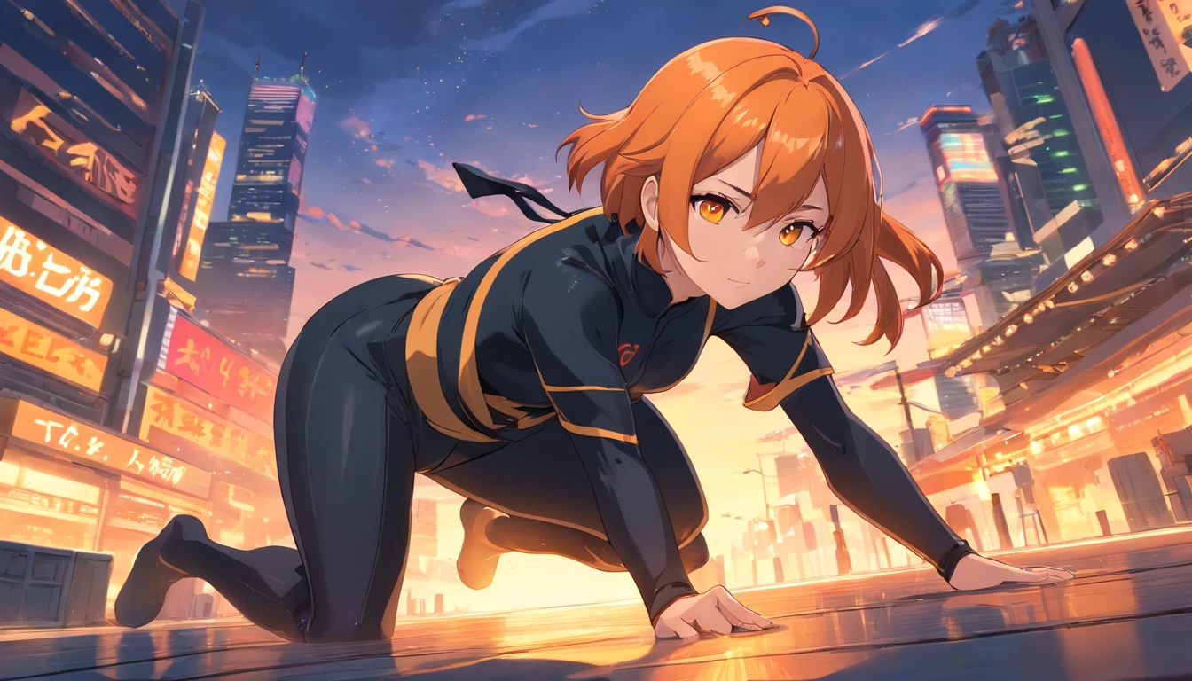 1 female、Orange hair、Big ass、Black Ninja Suit、yellow eyes、Large, thick thighs、Long Bob、wide hips、ninjartist、Kunoichi
