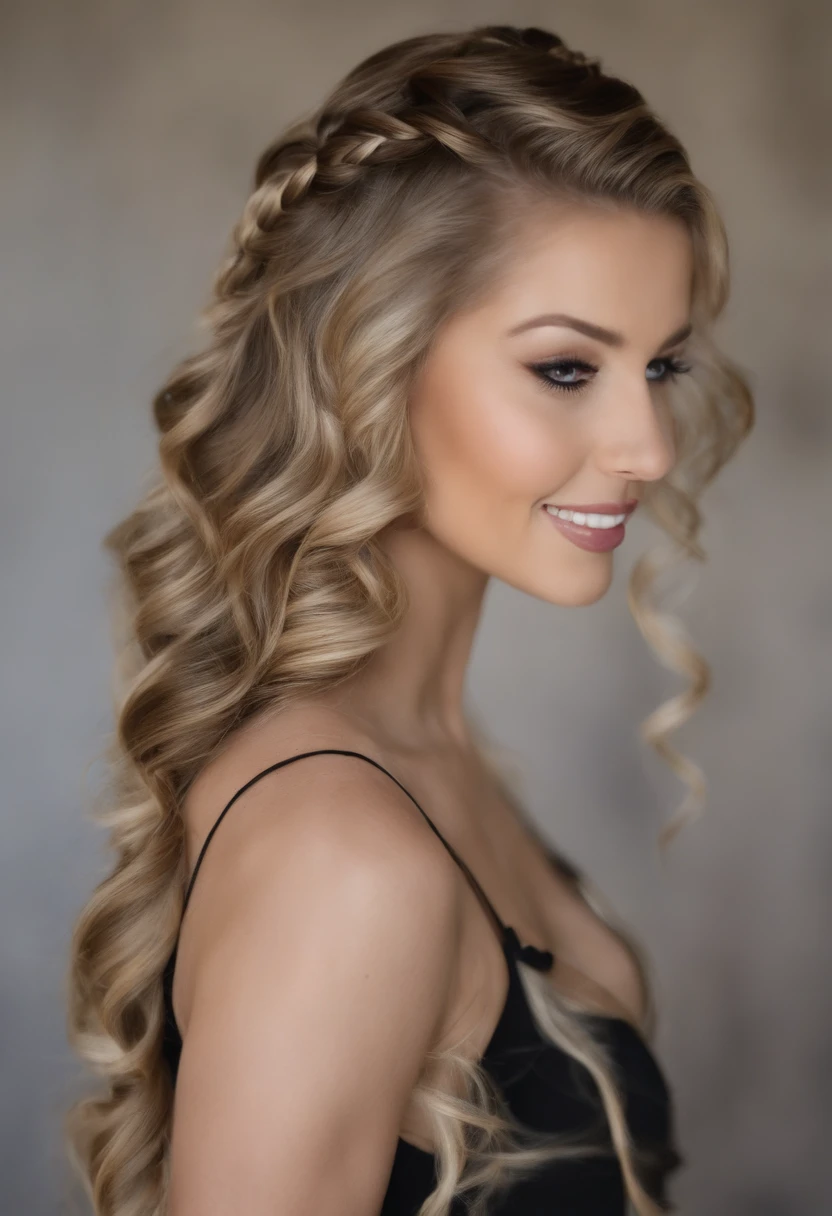 Qualidade Superior, alta qualidade de imagem, master part, cabelos grisalhos, olhos dourados, roupas brancas, Olhando para cima, parte superior do corpo, fios de cabelo, pele clara, Side braids, sorridente, Dentes Duplos