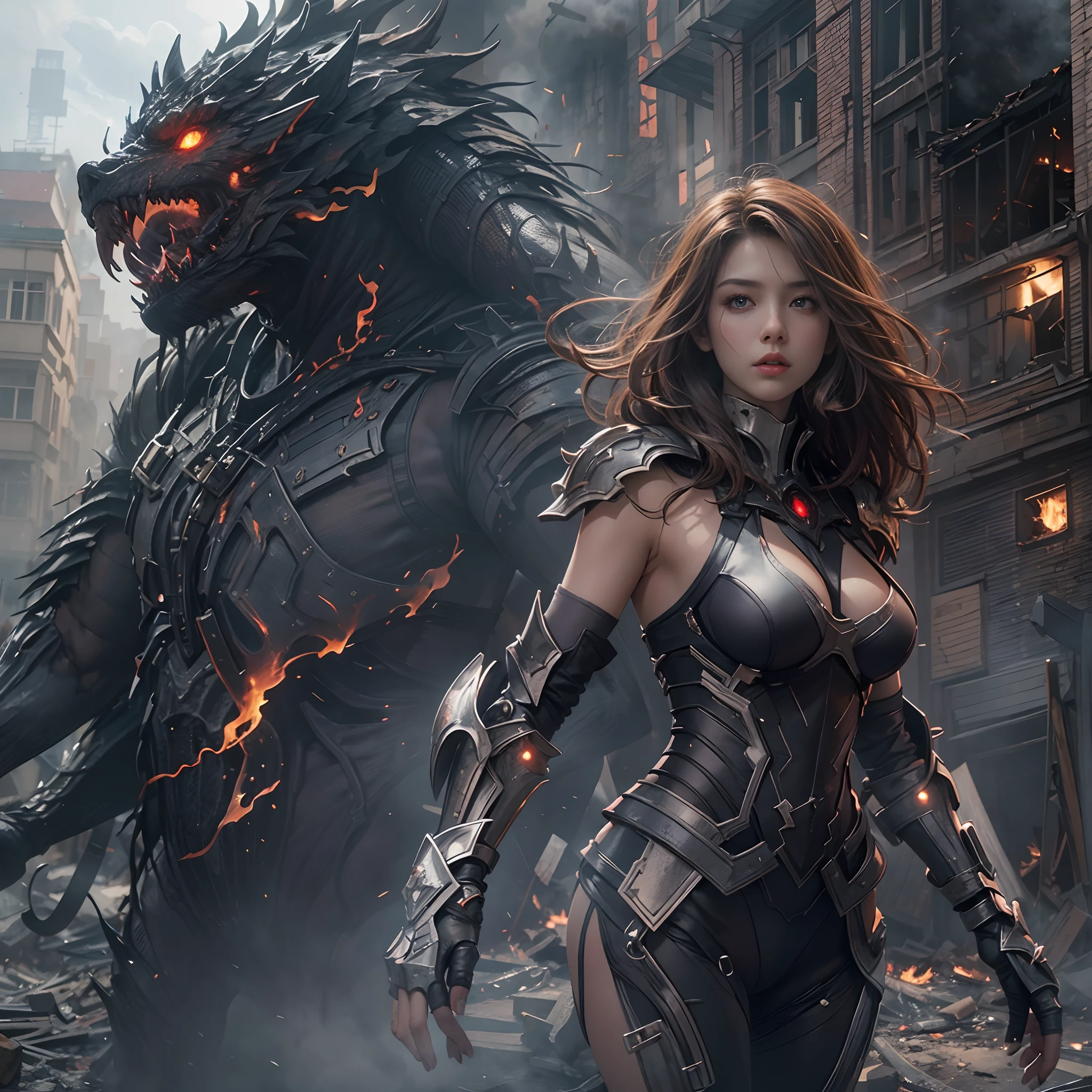 8k, top-quality, (pubic hair beauty)、hight resolution, realisticlying, realperson, A hero wearing glowing armor fighting black smoke and assimilated monsters、The hero is a woman in a building street where fire and smoke rise、The building is collapsing