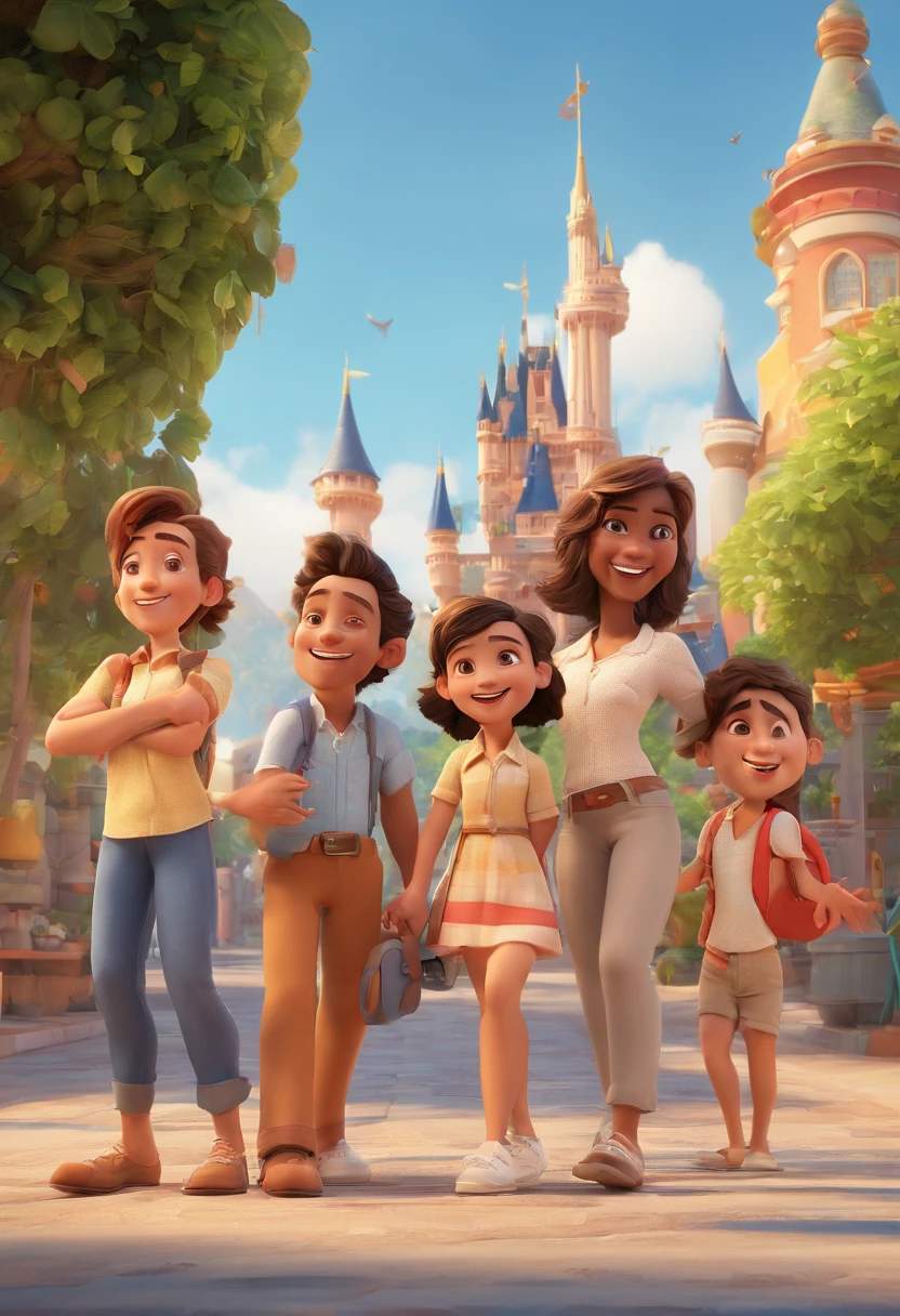 Cartoon of friends having fun on vacation together, 3D Animation Movie Poster, Poster de filme animado, pixar 3 d animation style, pixar renderman rendering, maia 8 mil, animated film, Disney Pixar Estilo 3D, amigos felizes saem juntos, all wearing light blue shirts and cream brown long pants, camisa azul clara, cream brown pants, ao ar livre, vacation, Disney Pixar Animation Poster