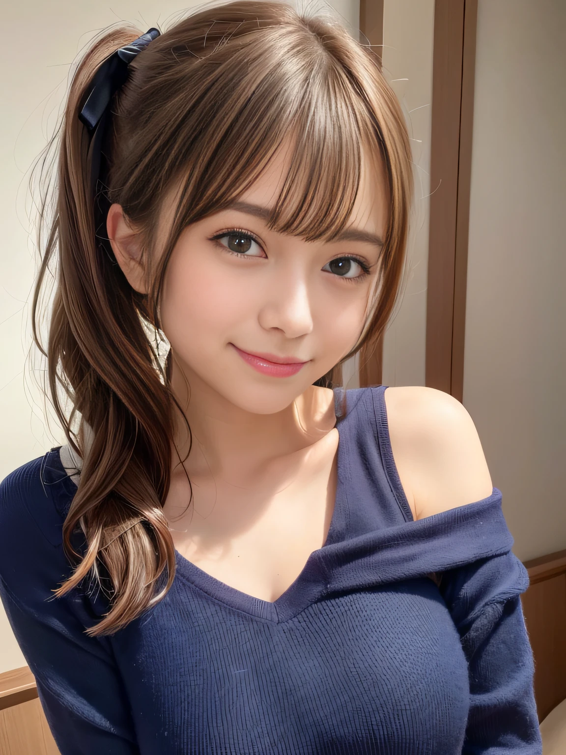 (Top image quality,4K,8K,Hi-Res,masuter piece:1.2),Ultra-fine,(realisitic,photoRealstic,Photorealsitic:1.37),portlate,illustratio,Clear background,Hair details,Face Details,Details,A smile,Beautiful facial features,cute little、poneyTail,Brown hair,blue eyess,Large ribbon,vivd colour,Soft lighting