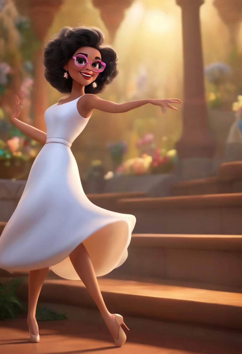 "(best quality,ultra-detalhado,Realistic:1.37),3D rendering,illustration,design de personagens,cabelos curtos e cacheados escuros,belos olhos detalhados,wearing white glasses,Estilo Pixar,morena mulher,Dancing on the Disney stage,atmosfera animada,vivid colors,luzes de palco,expression joyful"