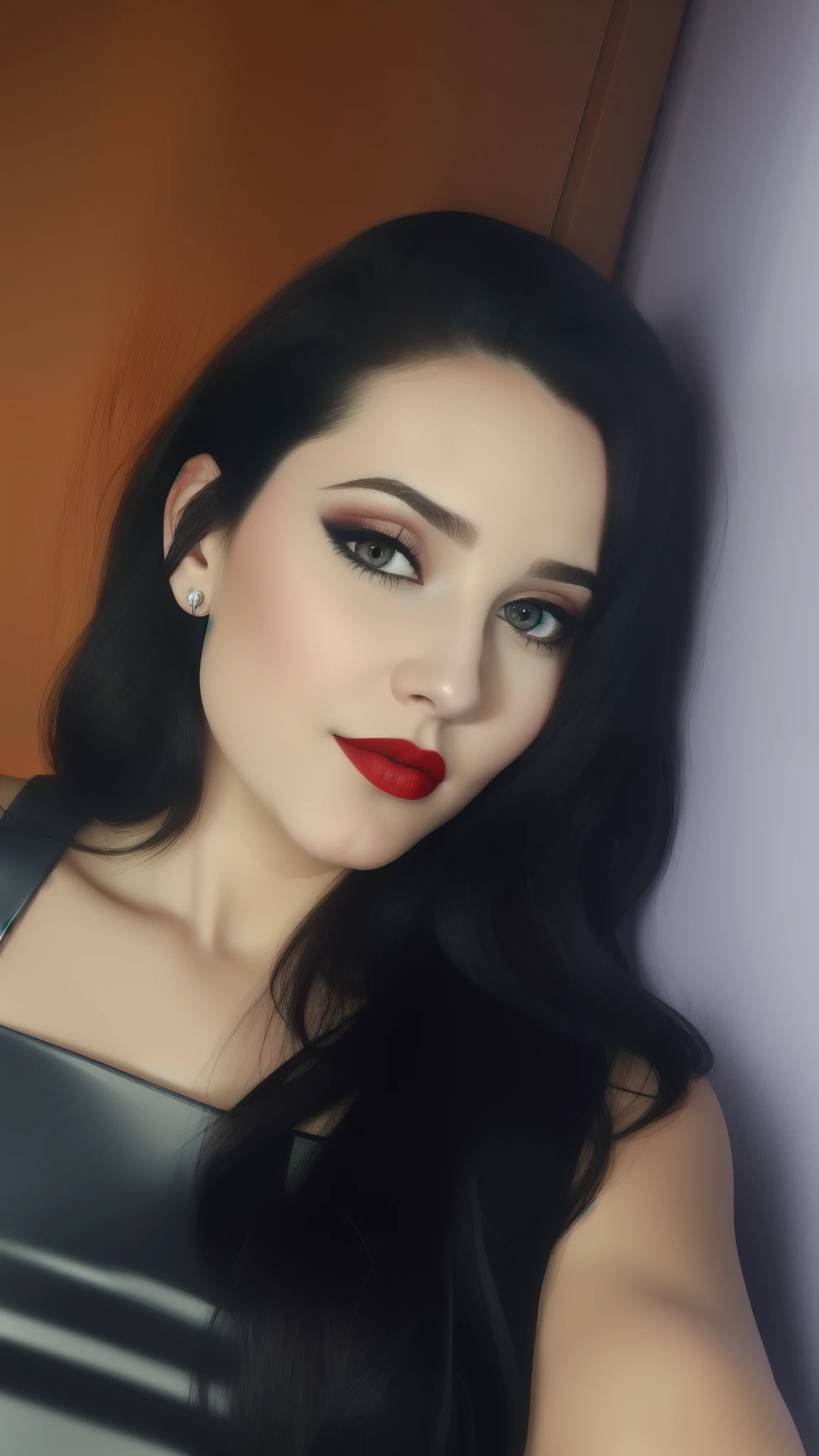 mulher argada com longos cabelos pretos e batom vermelho posando para uma foto, rosto sexy com maquiagem completa, olhar sensual, Ayahausca, cabelo e maquiagem escuros, com maquiagem profissional, imagem de perfil, thick red lips, wide golden eyes and red lips, Makup completo, red lips, Foto de perfil, Postagem no Reddit
