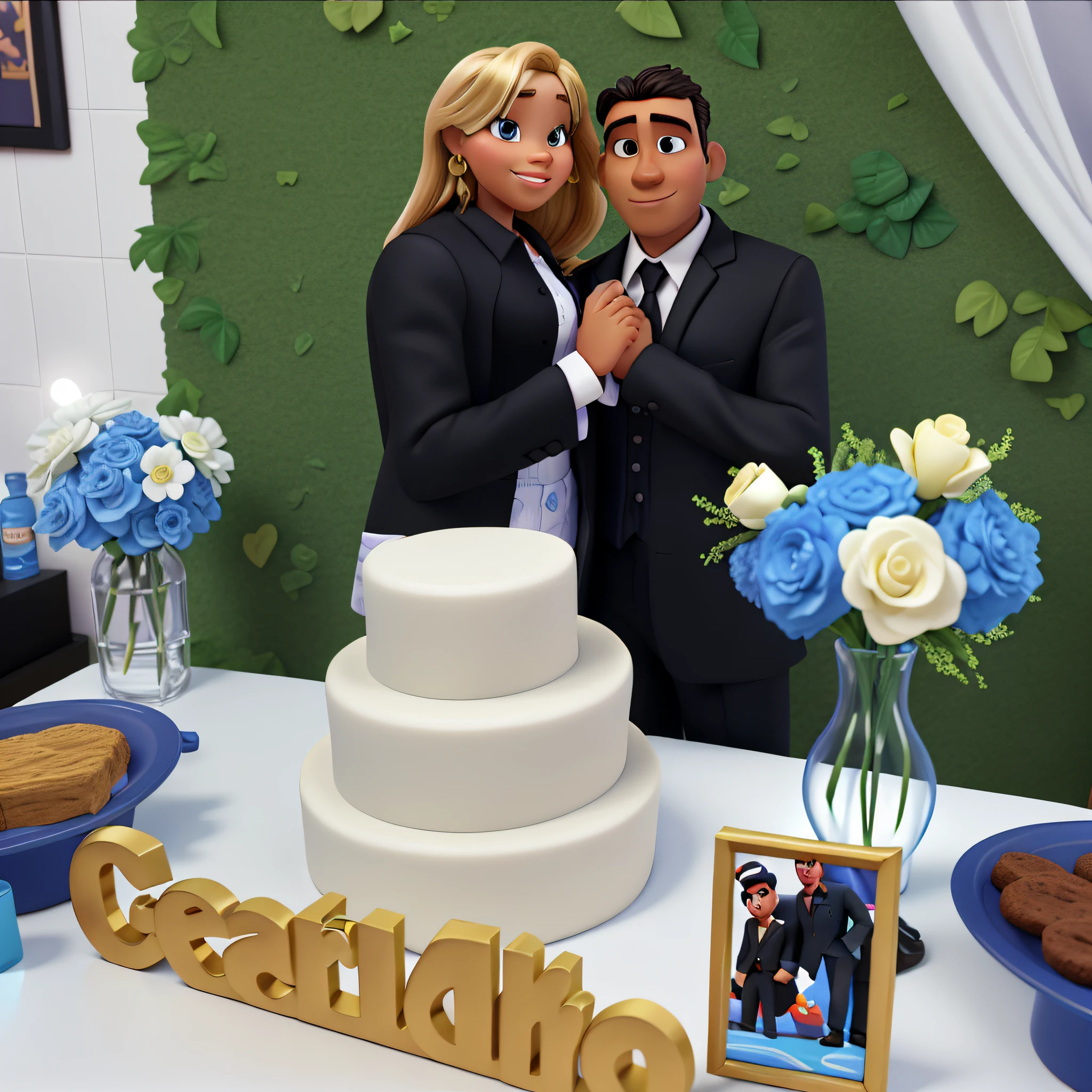 Disney Pixar 3D style poster. a man from Bahia, with a black suit and a blonde woman, high quality, best quality