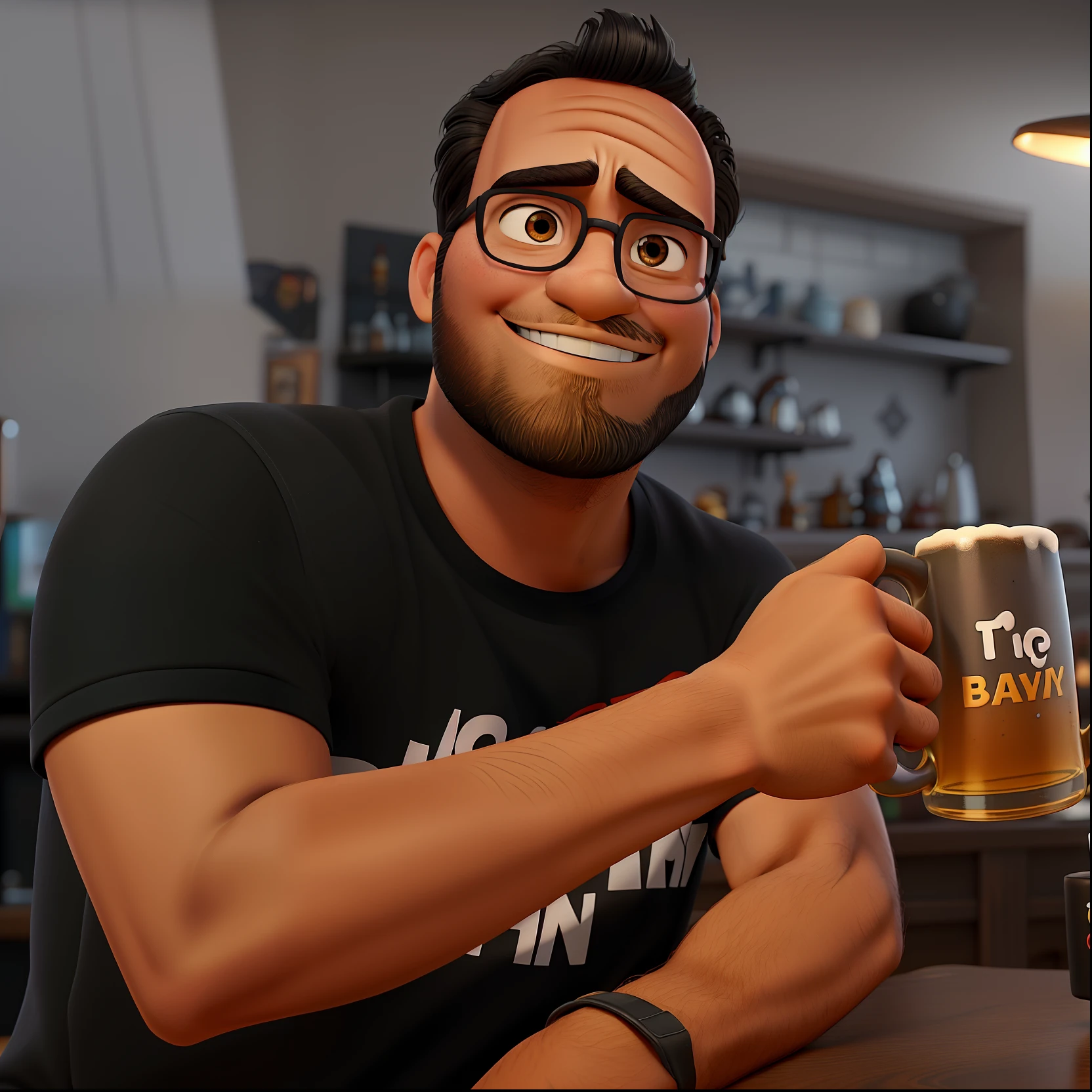 Poster in disney pixar style, high quality, best quality, dark skin, man, 32 years old, without wrinkles, smiling, wide forehead, black hair, with quiff and receding hairline, black beard, holding a mug of beer, on a bar background with low light. black short sleeve t-shirt.