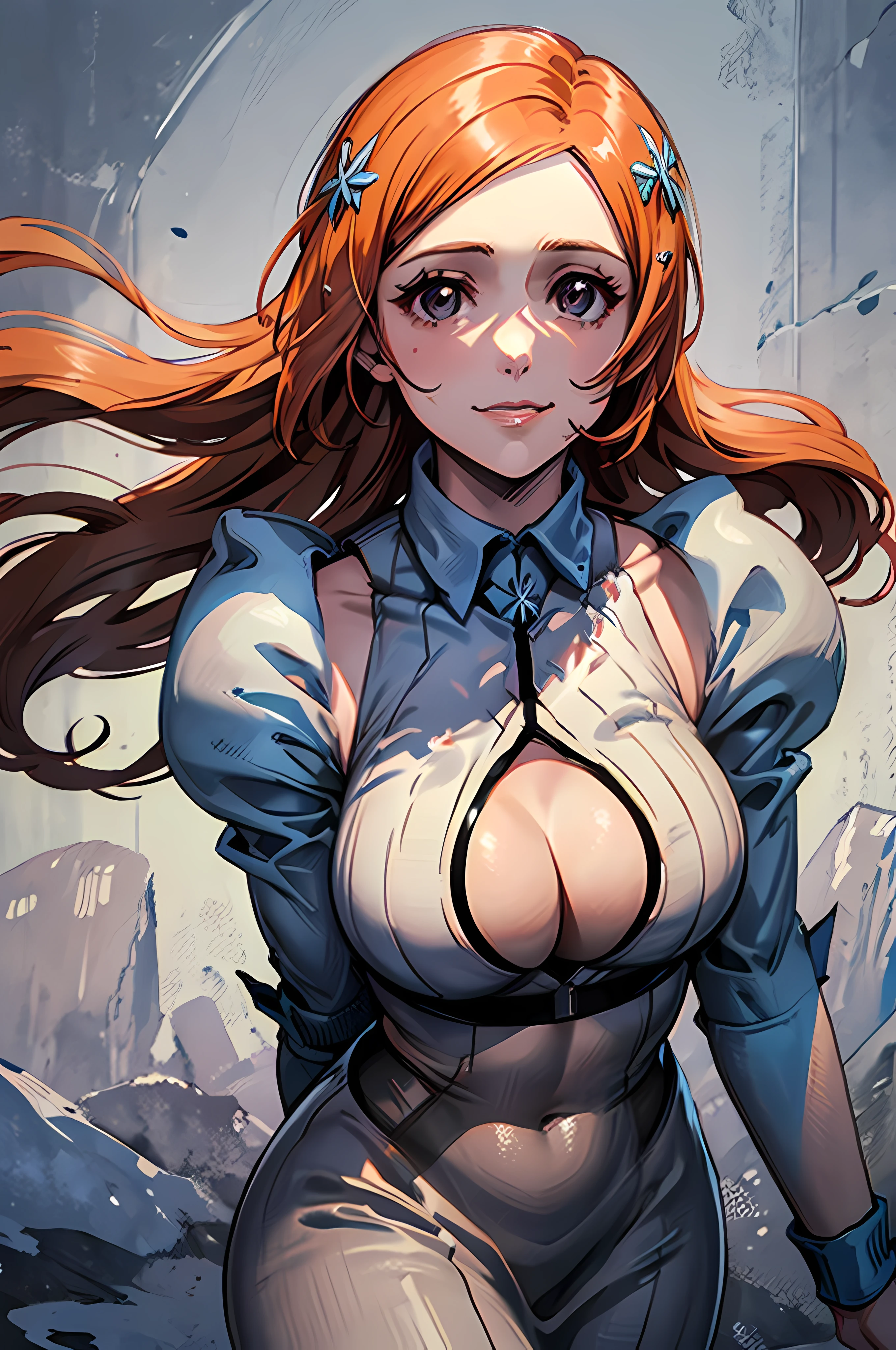 masterpiece, best quality, Inouedress, 1girl, solo, orihime, standing, bodydress, cleavage, long hair, gray eyes, extremely detailed eyes and face, hair between the face, beautiful,detailed eyes,beautiful, slight smile, darkroom, looking at viewer, portrait