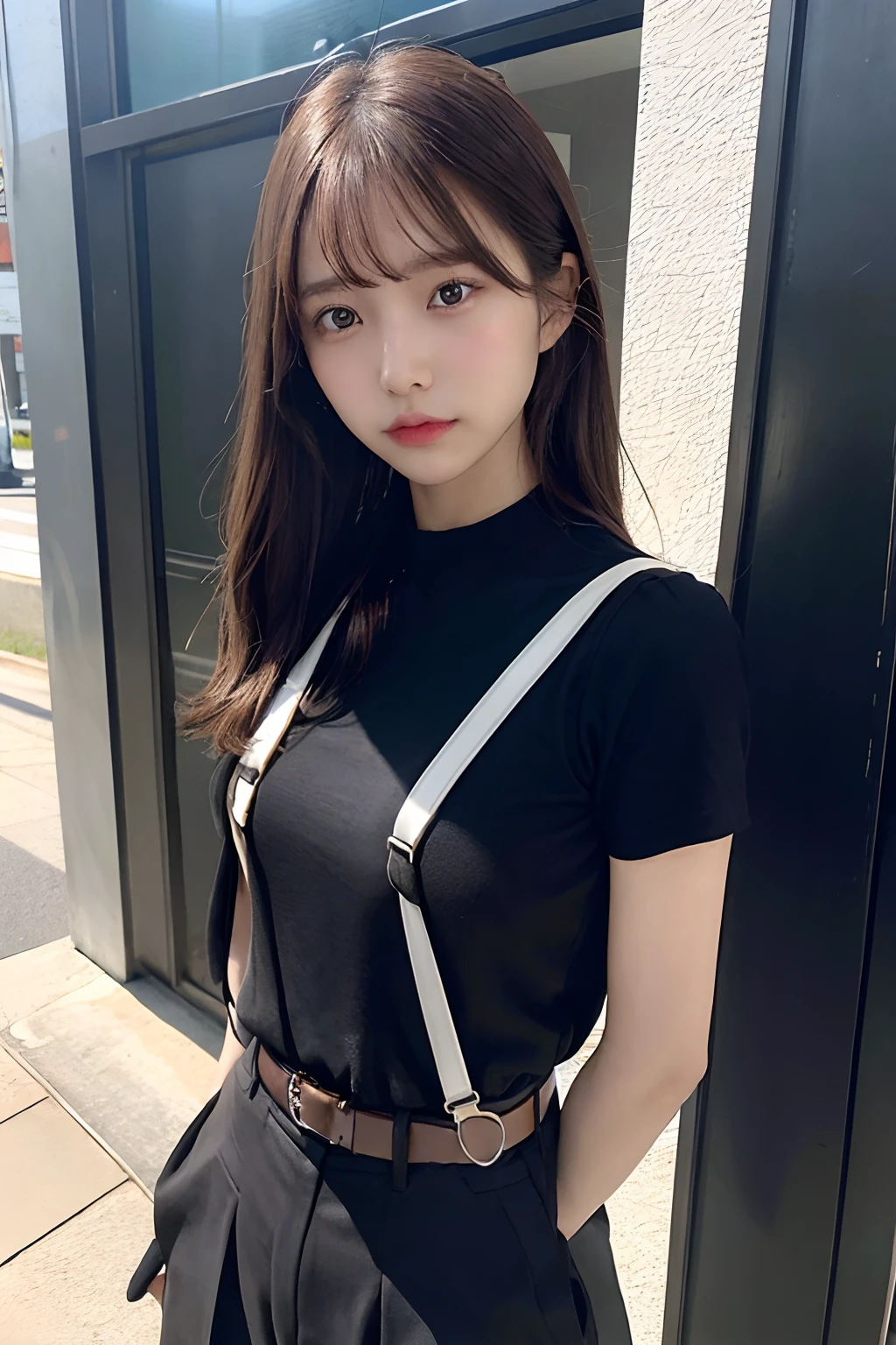 ​masterpiece、top-quality、The ultra -The high-definition、、colourfull、flat-colors、depth of fields、lens flare 1 girl、、Brown hair、watching at viewers　　　Black Cutter Shirt　a belt　black suspenders　Social OL　　　ample bosom　a miniskirt　　 Face sitting
Waiting to start　 Armpit sweat　perspiring　Side of both hands　huge-breasted　Knee High Near the Wall　Niso　stockings　garterbelts