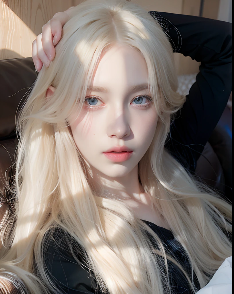 Blond haired girl with long hair and blue eyes sitting on a sofa, very very pale blond hair, pale porcelain white skin, extremely pale blond hair, pale glowing skin, pale hair, pale fair skin!!, her hair is white, com cabelos longos brancos, com longos cabelos loiros, ivory pale skin, pale ivory skin, com longos cabelos brancos, albino white pale skin