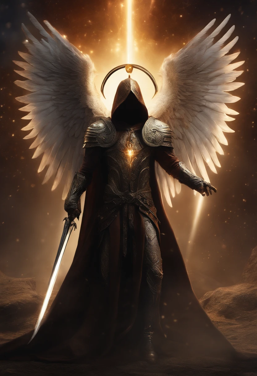 Cosmic Fallen Man Angel, Tirael, Arms holy swords in hands, olhos claros brilhantes, Biomechanicals, Eldritch, assustador, Pesadelo, cores muito brilhantes, light particles, com luz luminosa, Arte do papel de parede, Papel de parede UHD,traje medieval