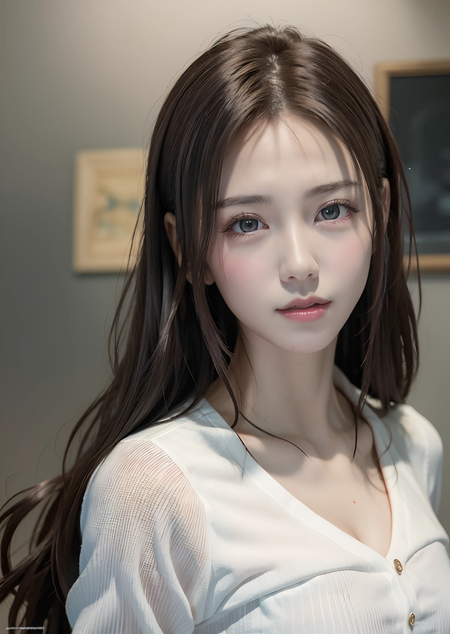 (masutepiece, Best Quality,:1.2), 1girl in, (Solo:1.3), Upper body, White shirt, Short sleeves, , (waifu, Realistic, Real life, exceptional, Best aesthetic, new, newest, Best Quality, masutepiece:1.2), Soft_Lighting, Soft_skin_Tone, feminine_hair, (White background, Simple background,:1.2),