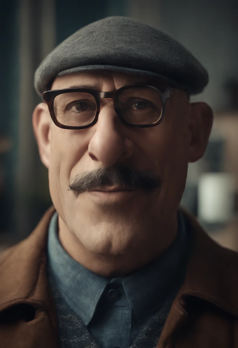 poster no estilo pixar. Um homem de 40 anos, moreno claro, bald man who wears glasses, de 1,70cm, with nose is large and lips are thick.