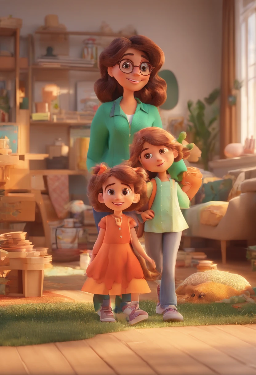 Estilo Pixar: Familia, Um pai, A mother and two girls. Uma de 6 anos e outro de 2 anos . Uma fazenda com vacas lindas e marrom .