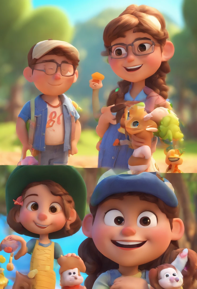 Estilo Pixar: Familia, Um pai, A mother and two girls. Uma de 6 anos e outro de 2 anos . Uma fazenda com vacas lindas e marrom .