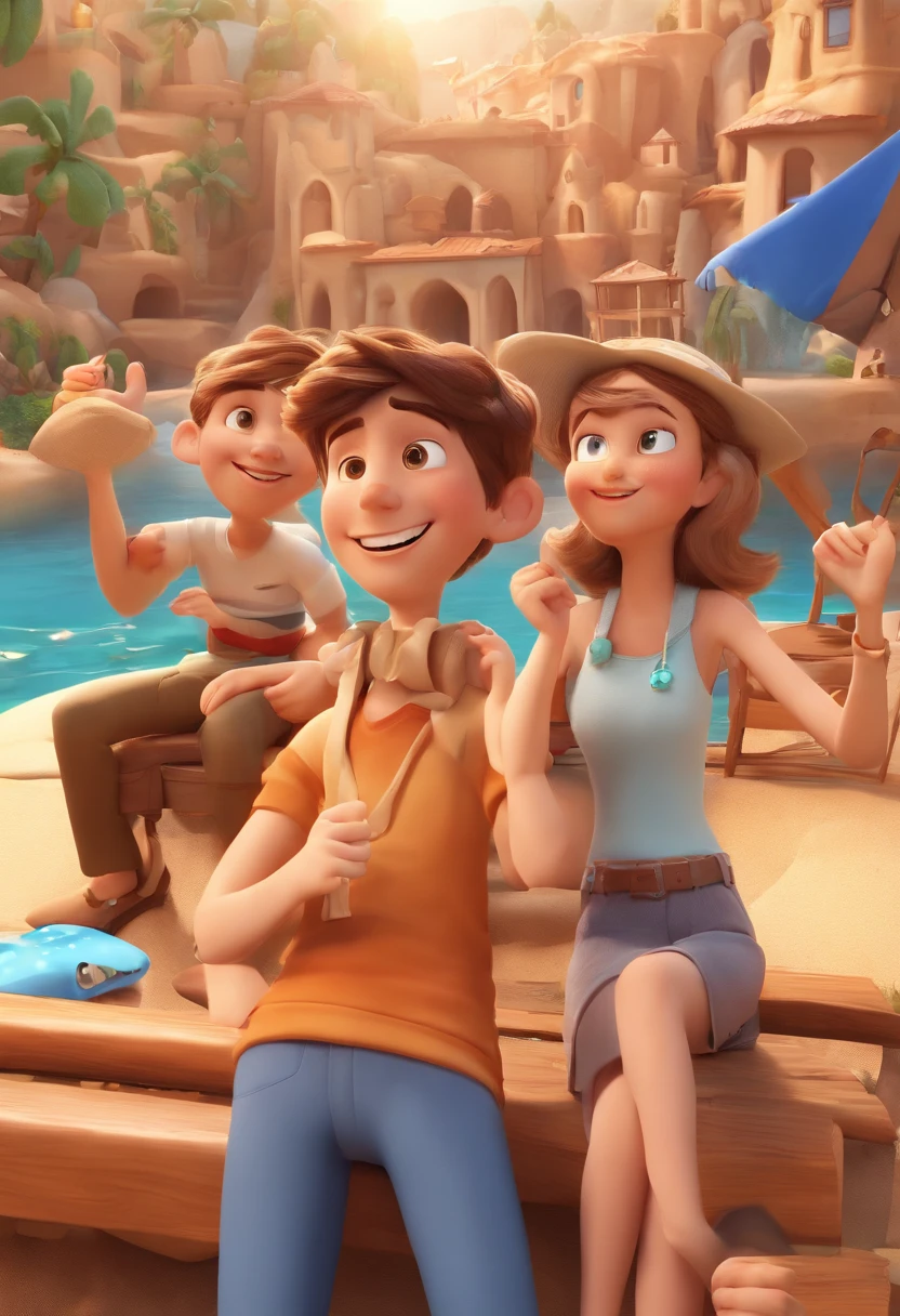 Cartoon of friends having fun on vacation together, 3D Animation Movie Poster, Poster de filme animado, pixar 3 d animation style, pixar renderman rendering, maia 8 mil, animated film, Disney Pixar Estilo 3D, amigos felizes saem juntos, all wearing light blue shirts and cream brown long pants, camisa azul clara, cream brown pants, ao ar livre, vacation, Disney Pixar Animation Poster