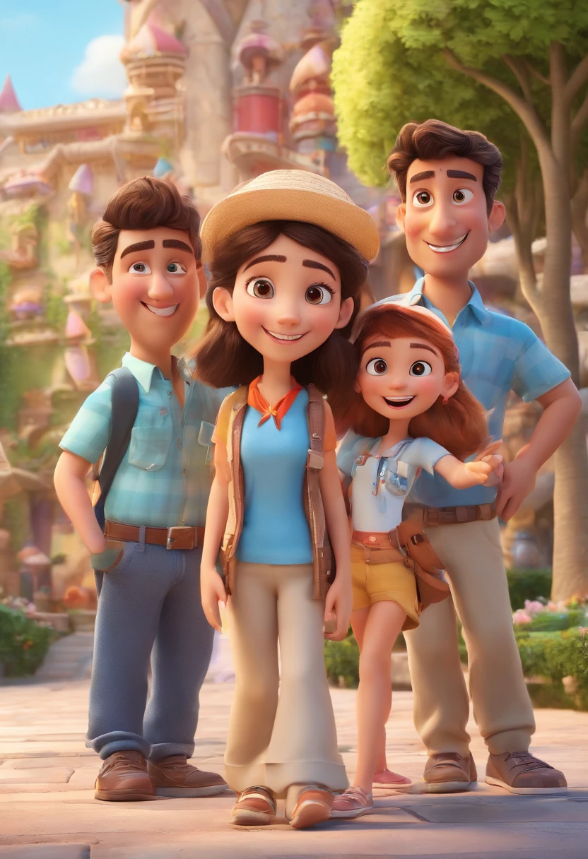 Cartoon of friends having fun on vacation together, 3D Animation Movie Poster, Poster de filme animado, pixar 3 d animation style, pixar renderman rendering, maia 8 mil, animated film, Disney Pixar Estilo 3D, amigos felizes saem juntos, all wearing light blue shirts and cream brown long pants, camisa azul clara, cream brown pants, ao ar livre, vacation, Disney Pixar Animation Poster