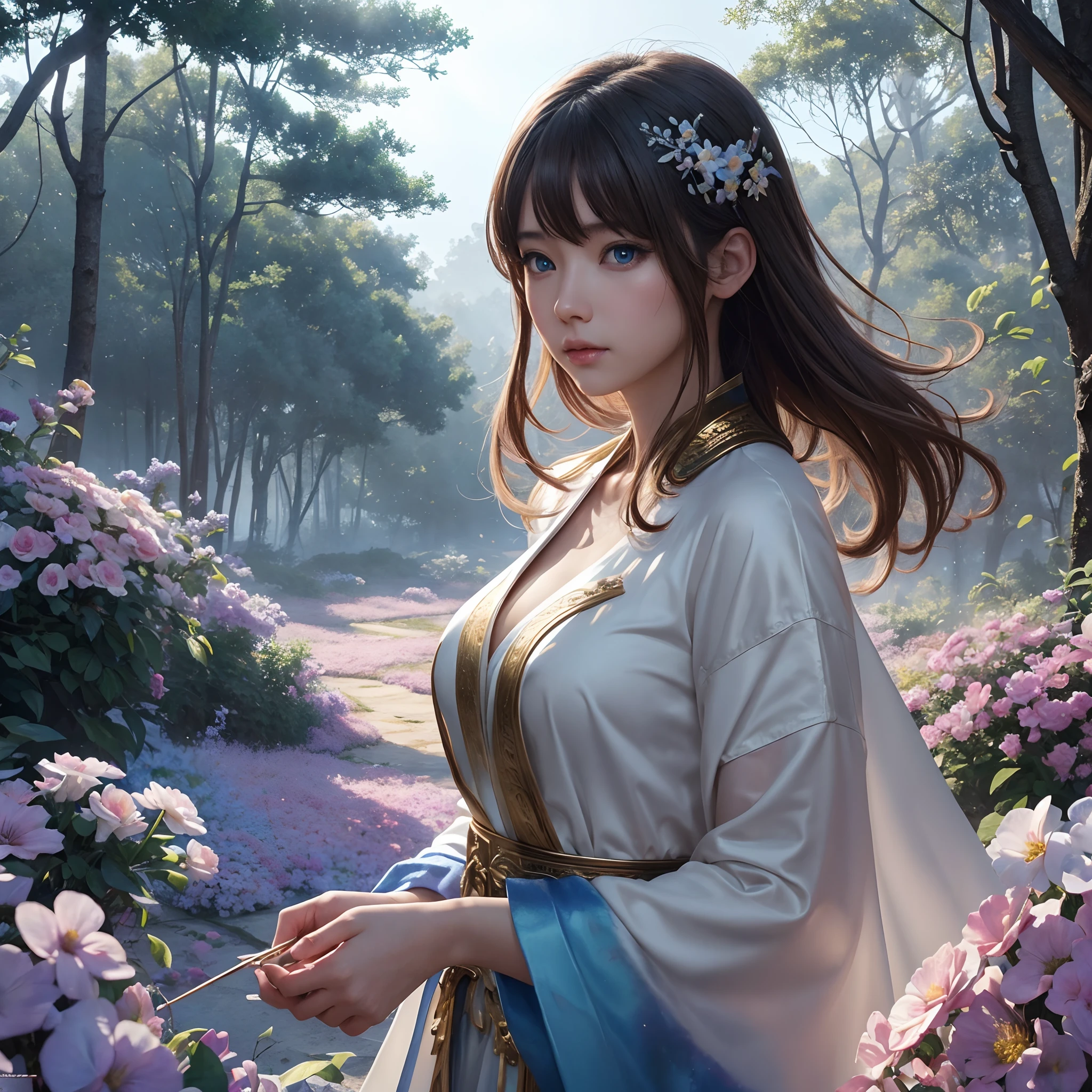A woman in a white dress standing in a garden with flowers - SeaArt AI