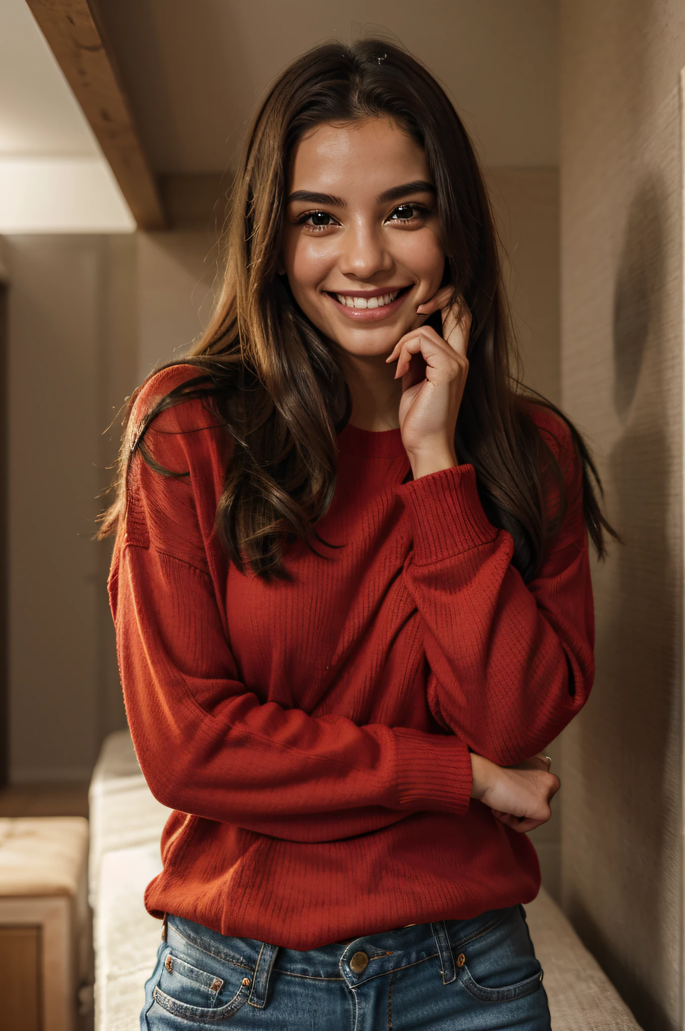 Woman in red sweater and jeans covers her mouth with her hands, camisa vermelha, usando um capuz vermelho, plano de fundo google ads, logo google ads, wearing a sweater, Shy smile, mulher bonito, sem texto, making the best smug smile, hand over mouth, wearing sweater, Perguntando-se sobre os outros, sorrindo espantado, muito surpreso, sorriso sutil, she is smiling and excited, olhando bonito, Embarrassed