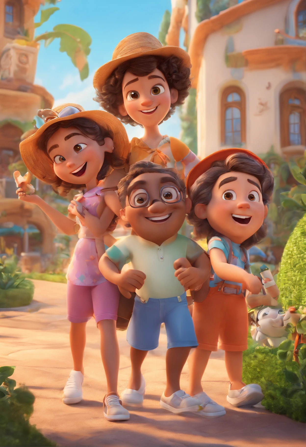 Cartoon of friends having fun on vacation together,  3D Animation Movie Poster, Poster de filme animado, pixar 3 d animation style, pixar renderman rendering, maia 8 mil, animated film, Disney Pixar Estilo 3D, amigos felizes saem juntos, all wearing light blue shirts and cream brown long pants, camisa azul clara, cream brown pants, ao ar livre, vacation, Disney Pixar Animation Poster