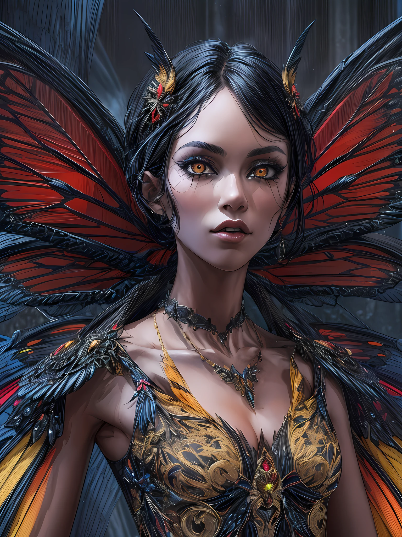 high details, best quality, 16k, RAW, [best detailed], masterpiece, best quality, (extremely detailed), (full body: 1.2), ultra wide shot, photorealistic, dark fantasy art, gothic art, an award winning photoshoot picture of an a dark vampiric fairy, exquisite beautifully fairy, ultra feminine, ultra detailed face,  red skin, black hair, glowing yellow eyes, black and red butterfly wings, wearing  clinging intricate details blue dress, wearing high heels,  walking on a fashion the (wood catwalk on the runway of a famous fashion show: 1.1), model fashion show background,  High Detail, Ultra High Quality, High Resolution, 16K Resolution, Ultra HD Pictures, Ultra Realistic, Clear Details, Realistic Detail, Ultra High Definition