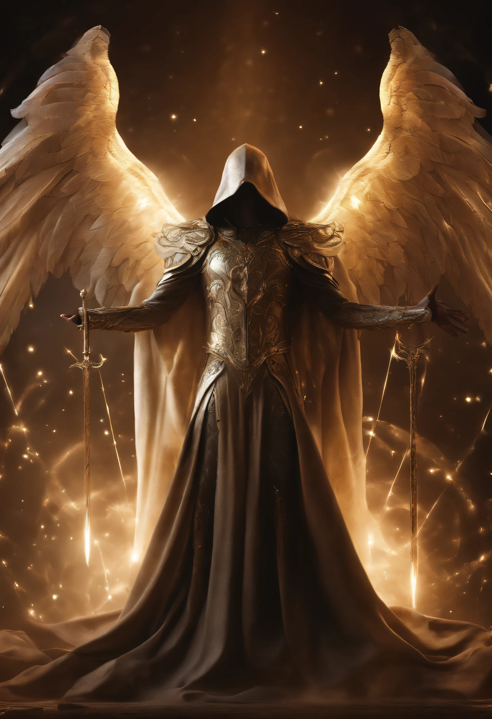 Cosmic Fallen Man Angel, Tirael, Arms holy swords in hands, olhos claros brilhantes, Biomechanicals, Eldritch, assustador, Pesadelo, cores muito brilhantes, light particles, com luz luminosa, Arte do papel de parede, Papel de parede UHD,traje medieval