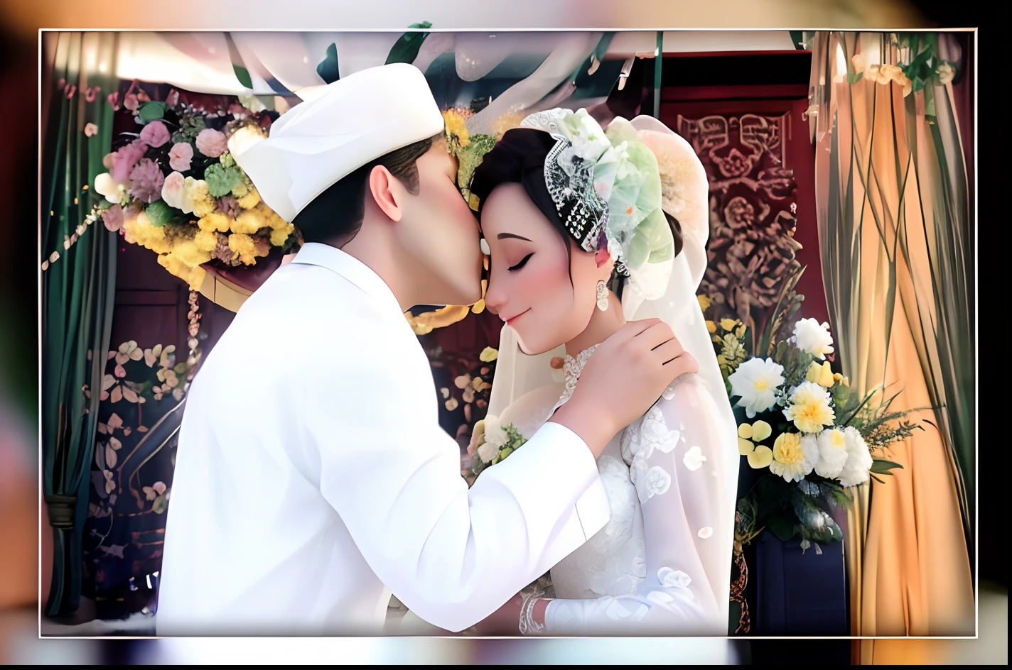 bride and groom in traditional wedding attire kissing in front of a floral arrangement, comming, wedding, profesional photography, kissing together cutely, wedding photo, kissing, taken in 2 0 2 0, traditional photography, diy, photograpgy, unreal enging, lovely kiss, couple, private moment, wedding photography, lovely couple, potrait, dramatic moment