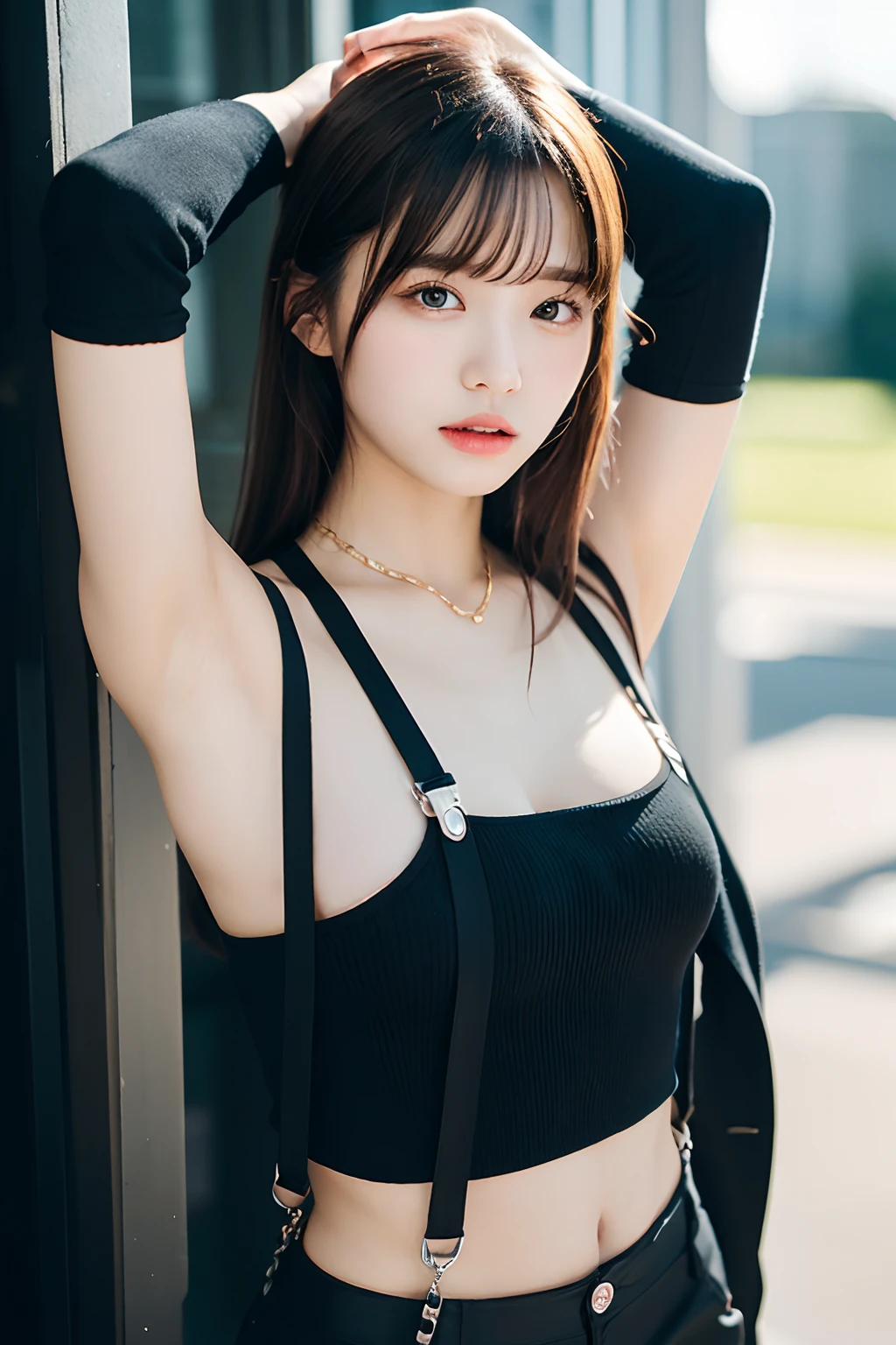 ​masterpiece、flat-colors、depth of fields、lens flare 1 girl、、Brown hair、watching at viewers　　　black suspenders　　　large full breasts　　　 　 Armpit sweat　perspiring　Side of both hands　　walls: 　Black pants, Black jacket chain　　　　　arma　Gaze　　　Small face　Bangs Upper Eyes　flank