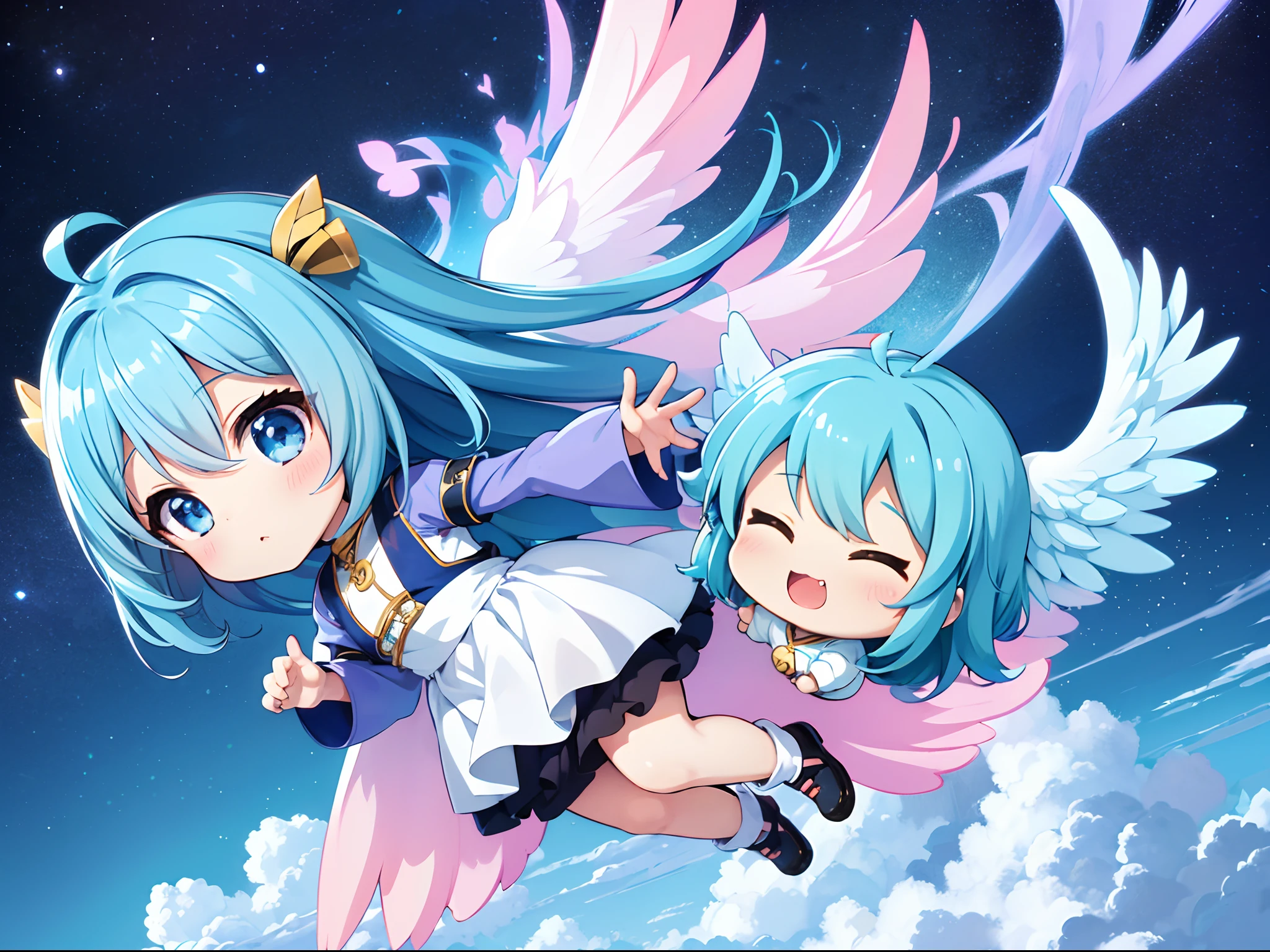 Two cute chibi characters With the Wings of an Angel、Flying in the sky、long hair with blue hair((Chibi Chara))、Fluffy、girl with、Chibi Chara、full body Esbian、Pastel colors hair、masutepiece、top-quality、Large in the center