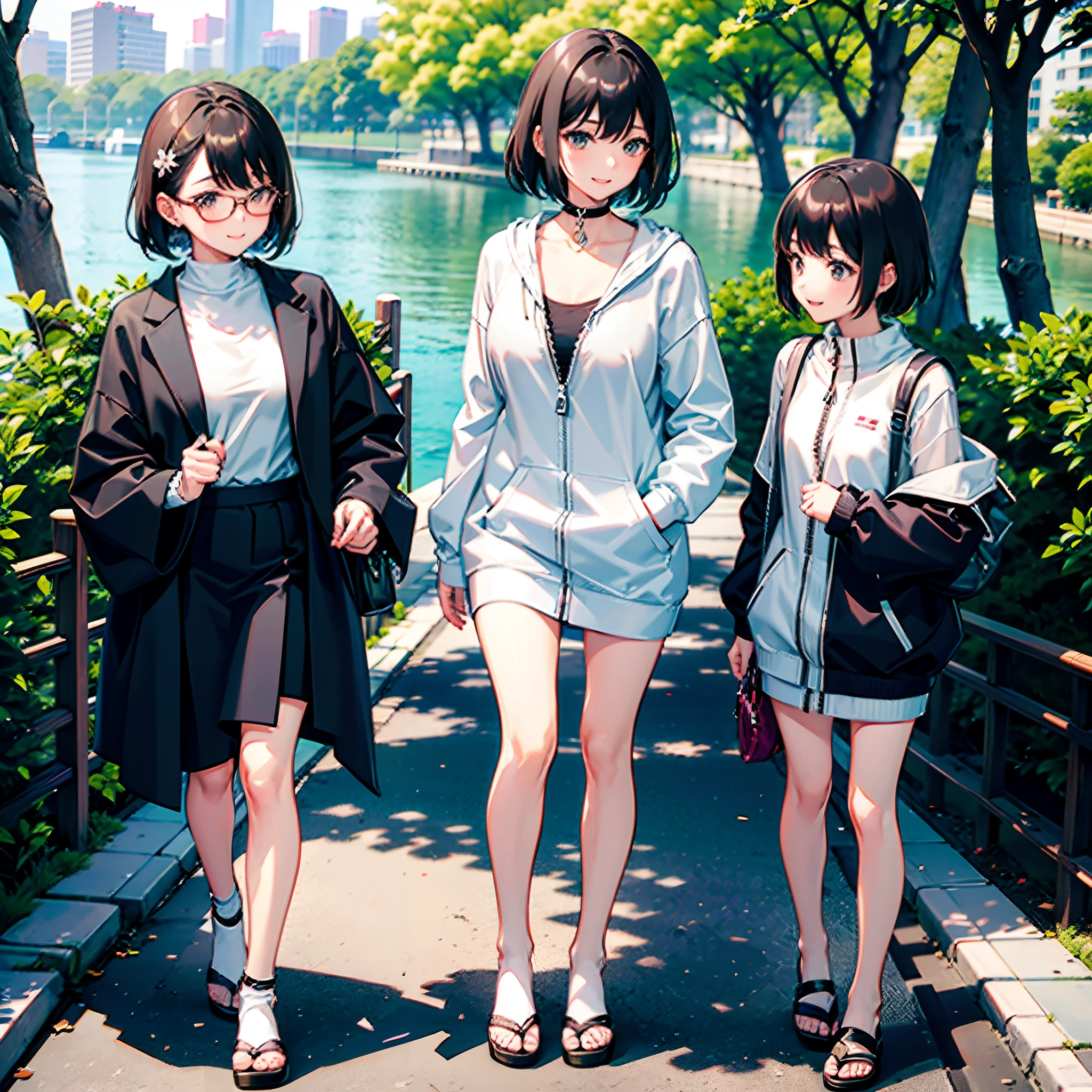 Two Japan women exposed in a park on the Sumida River in Japan、She was a 27-year-old woman with loose, fluffy short hair and lobbed hair、One is a 31-year-old woman with small breasts and a dark brown lob、The two are having fun、small tits、Small、discreet breasts、street snap、Adult Women's Plain Clothes、Sheer feeling、Beautuful Women、Looking at me with a smile、Ivory-colored zip-up hoodie、Black long coat、Black miniskirt、White inner camisole