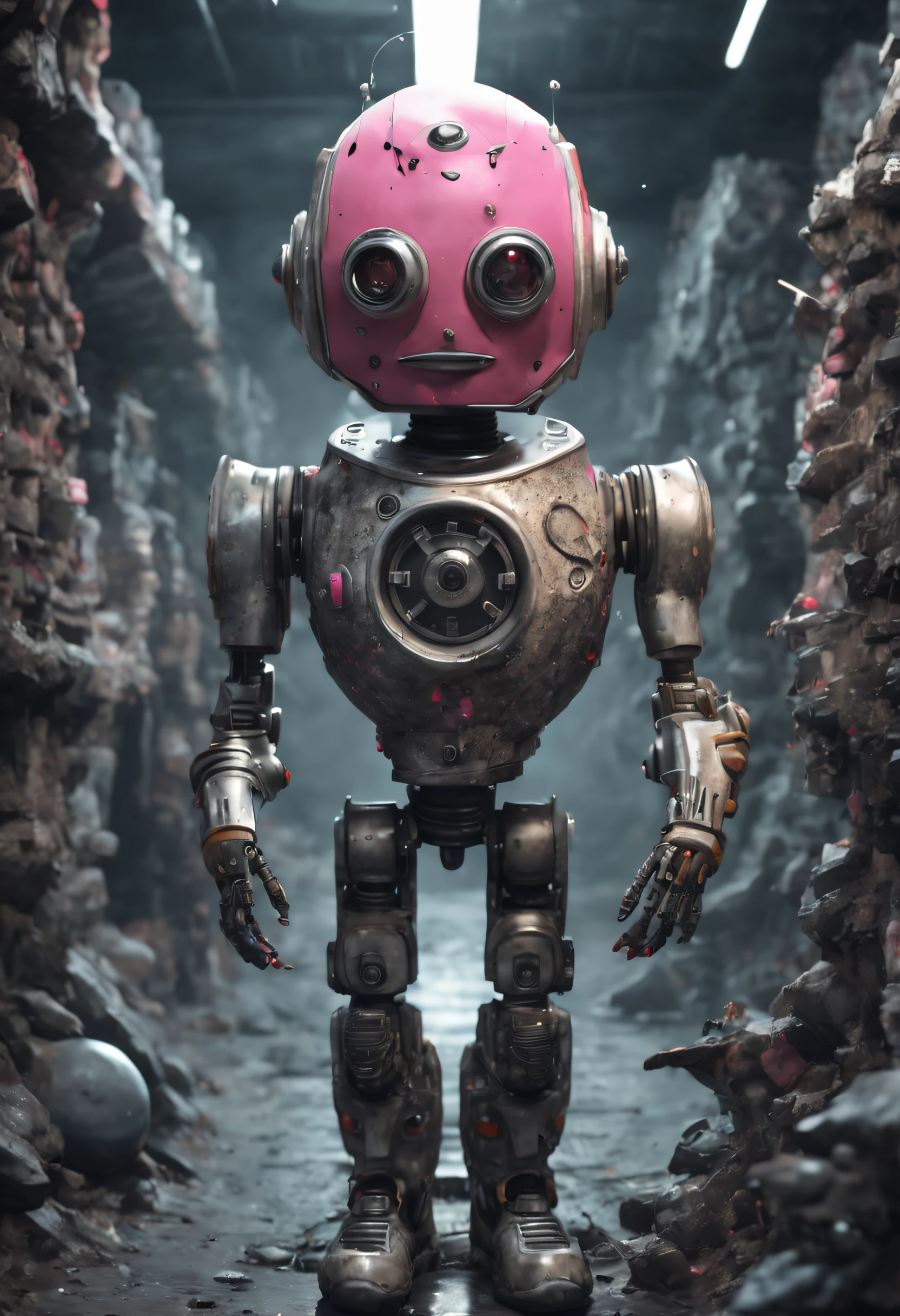 A Modern toon Crazy whit a Big ONE a Only Eye Nude Robot and tatoo CCCP Soviet, and helmet Style, tongs in hands, Tv head, pinhead, camouflage Gold Silver Pink Rusty, Ambient in a meteorite crater super detailed, center, beautiful, soft lighting, focused on the character, 4K resolution, photorealistic rendering,
