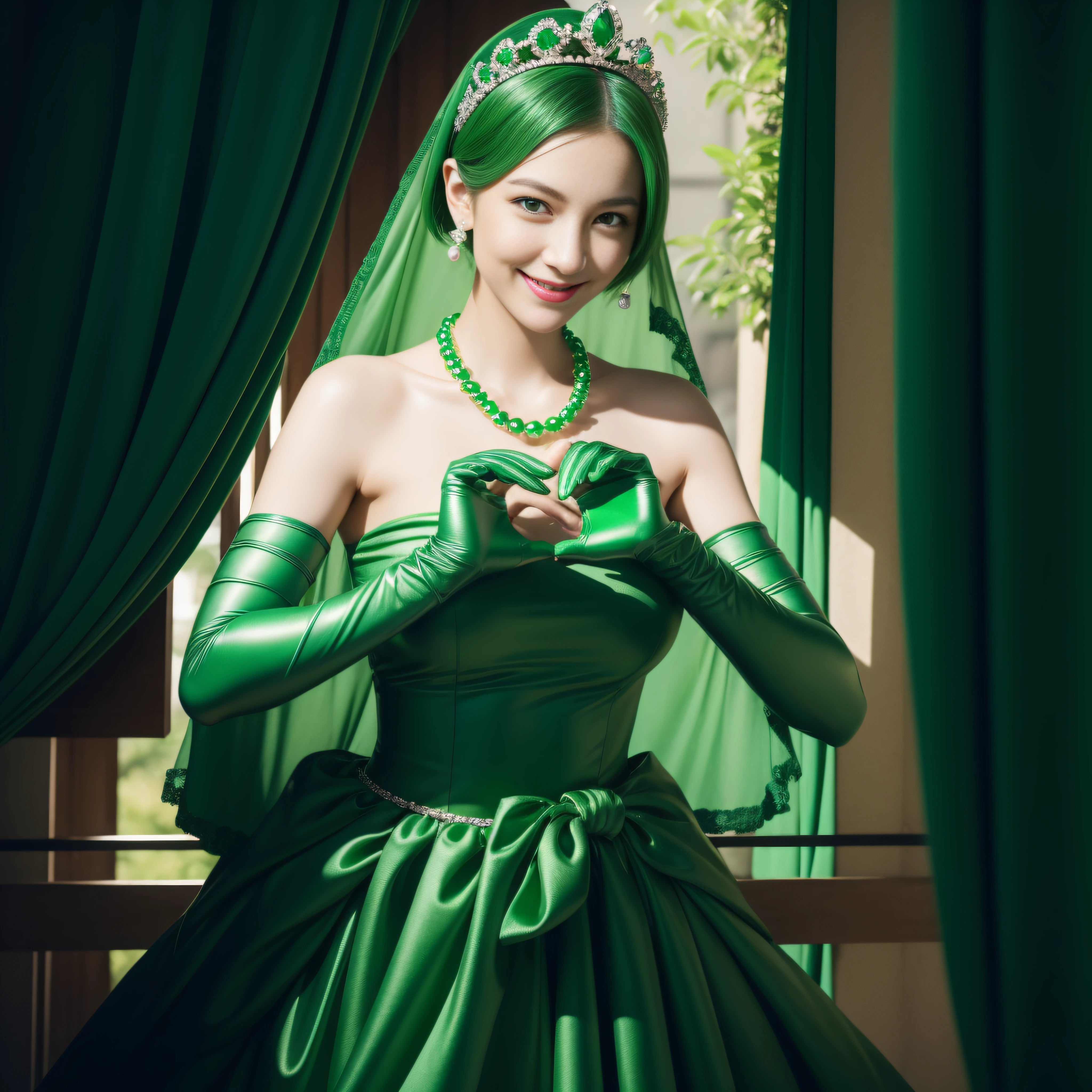 emerald tiara, Green Pearl Necklace, Boyish very short green hair, lipsticks, Japan woman smiling, very short short hair, big breasts beautiful, Green eyes, Long green gloves made of satin material, Green eyes, Emerald Earrings, green vale, Heart with both hands