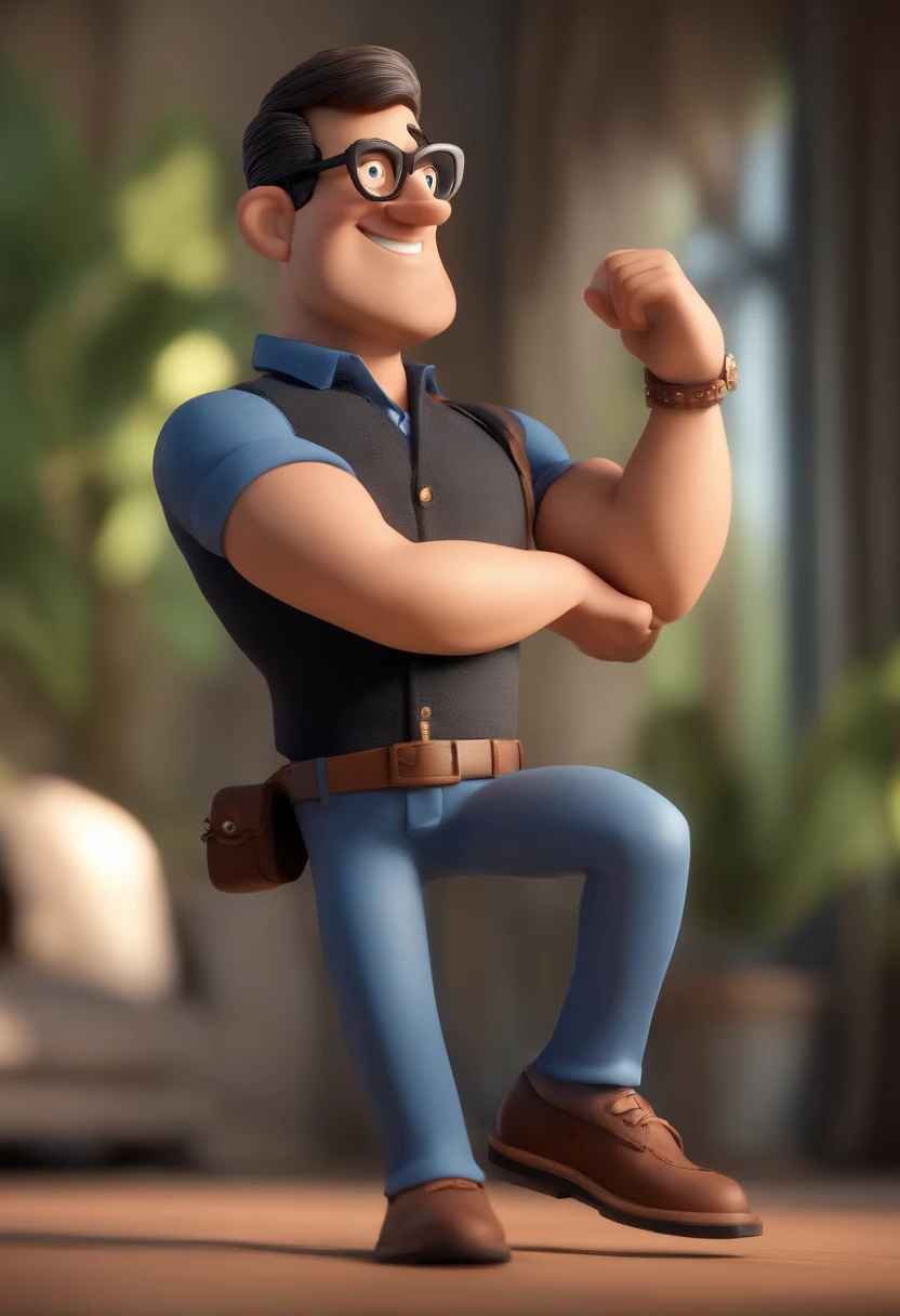 Cartoon character of a man wearing black glasses and a blue shirt, an animated character, stylized character, animation style render, Stylized 3 D, arnold maya render, 3 d render stylized, toon render keyshot, 3d character, 3 d character, stylized 3d render, 3 d character render, cartoon character, close up character, character posing, (Pixar style) (Masterpiece:1.2) (Bokeh) (Best quality) (Detailed skin) (Detailed texture) (8K) (Clay) (Cinematic lighting) (Sharp focus,Sits and leaks the upper body