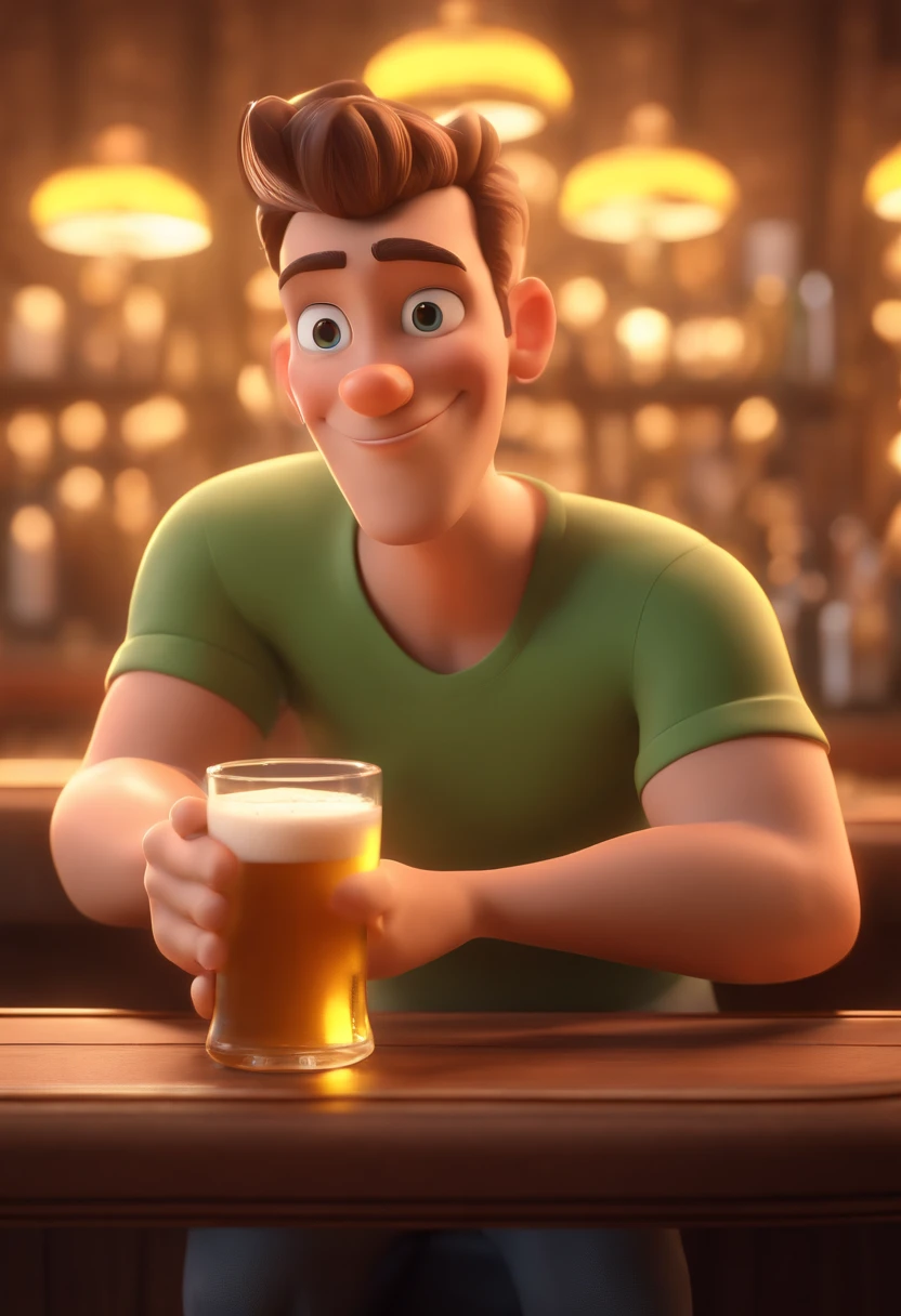 cartoon character of a man with light hair, green eyes, black t-shirt holding a glass of beer in a vintage style bar, animation character, Stylized character, animation style rendering, 3d stylized, Arnold Maya render, 3d rendering stylized, toon rendering keyshot, 3D Character, 3D Character, Stylized 3D Rendering, 3D Character Rendering, cartoon character,0 Character Pose, (Pixar Style) (masterpiece:1.2) (Bokeh) (best quality) ( detailed skin) (detailed texture) (8k) (clay) (Yellowish cinematic lighting) (sharp focus, Pixar Disney style.