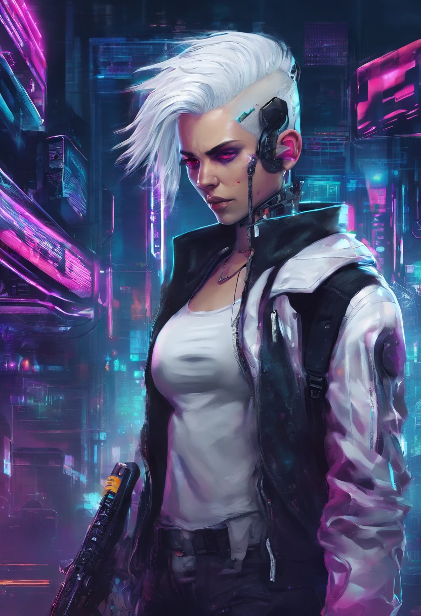 1 male, white hair, femboy, netrunner