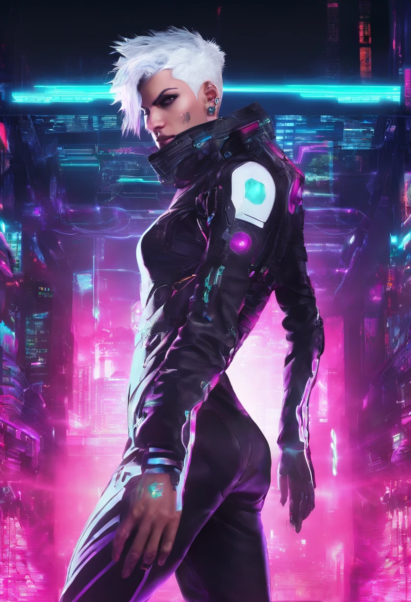 1 male, white hair, femboy, netrunner