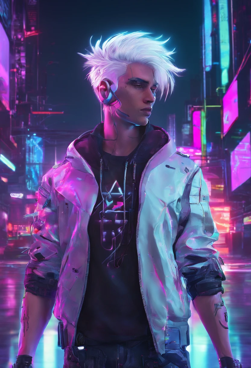 1 male, white hair, femboy, netrunner