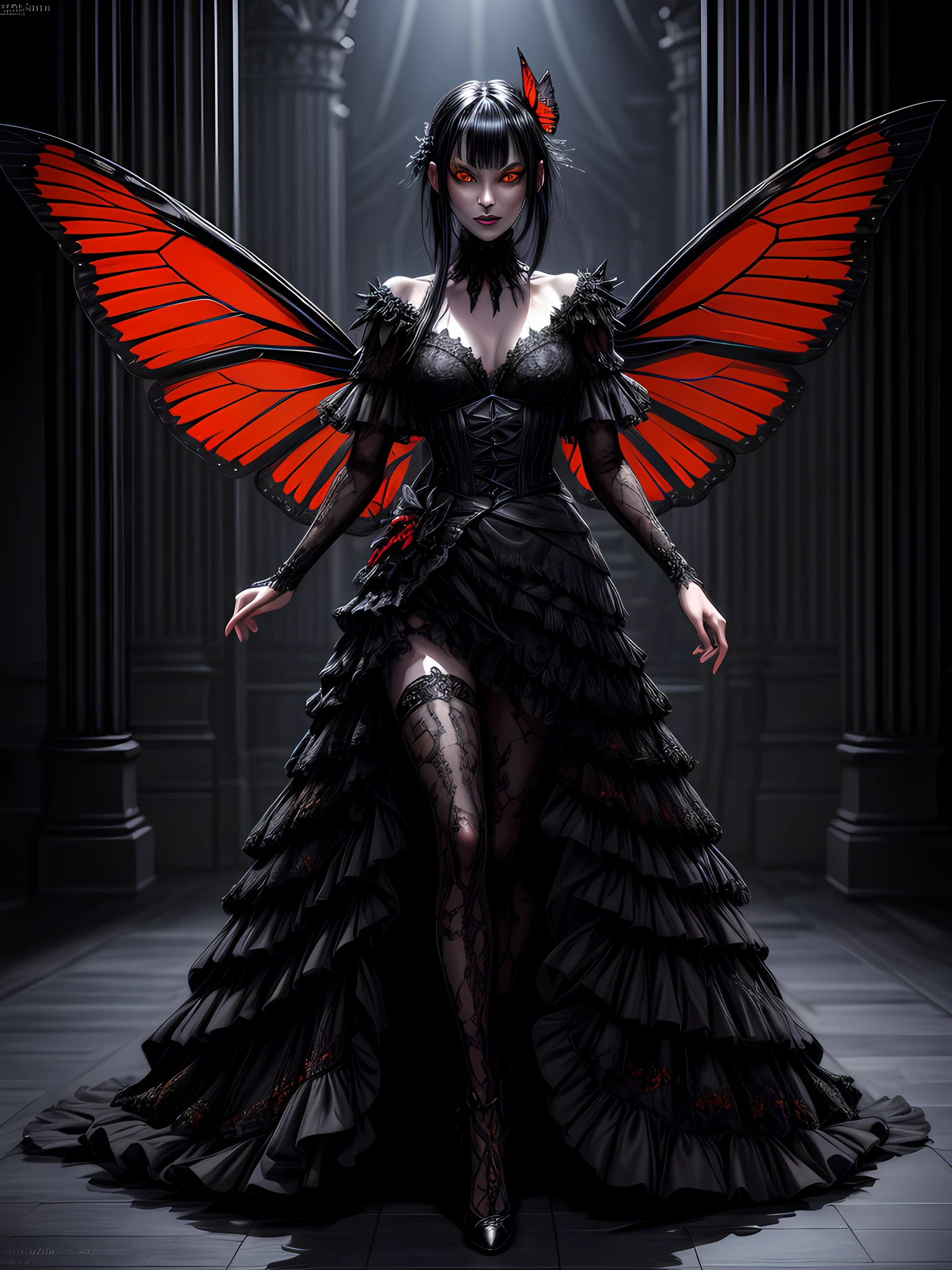 high details, best quality, 16k, RAW, [best detailed], masterpiece, best quality, (extremely detailed), (full body: 1.2), ultra wide shot, photorealistic, dark fantasy art, gothic art, an award winning photoshoot picture of an a dark vampiric fairy, exquisite beautifully fairy, ultra feminine, ultra detailed face,  red skin, black hair, glowing yellow eyes, black and red butterfly wings, wearing  clinging intricate details blue dress, wearing high heels,  walking on a fashion the (wood catwalk on the runway of a famous fashion show: 1.1), model fashion show background,  High Detail, Ultra High Quality, High Resolution, 16K Resolution, Ultra HD Pictures, Ultra Realistic, Clear Details, Realistic Detail, Ultra High Definition