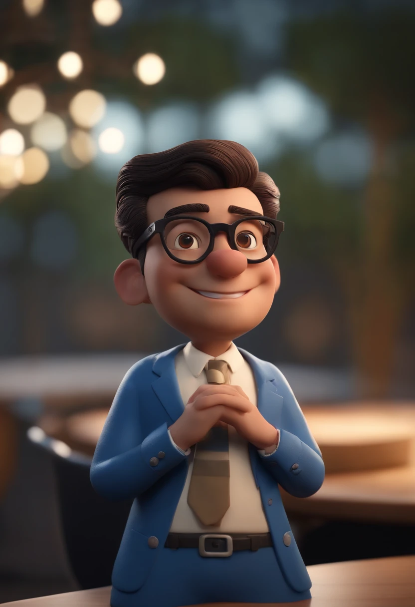 Cartoon character of a man wearing black glasses and a blue shirt, um personagem animado, Caractere estilizado, animation style rendering, 3D estilizado, Arnold Maya render, 3 d render stylized, toon render keyshot, Personagem 3D, Personagem 3D, 3d rendering stylized, 3 d character render, personagem de desenho animado, Personagem de close up, Pose de personagem, (Estilo Pixar) (master part:1.2) (Bokeh) (best quality) (pele detalhada) (textura detalhada) (8k) (argila) (Cinematic lighting) (foco nítido,Senta e vaza a parte superior do corpo