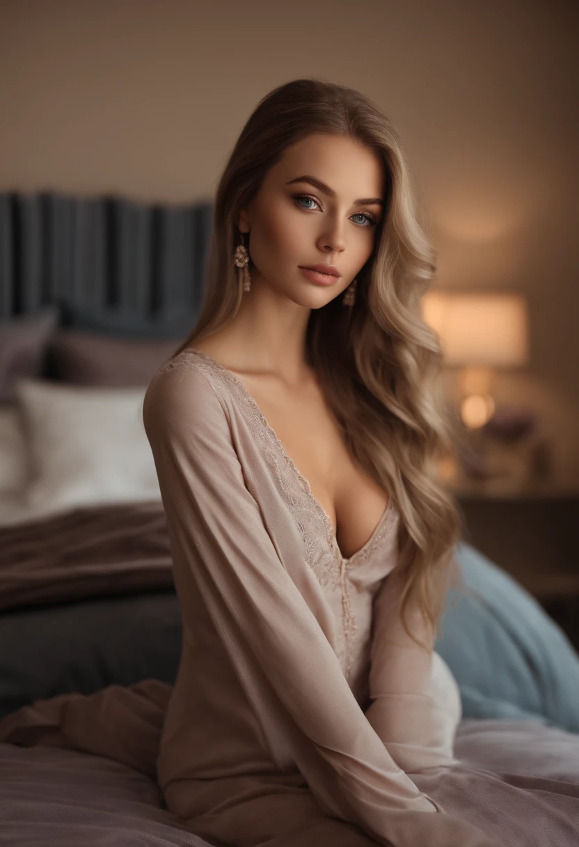 arafed woman fully , sexy girl with blue eyes, ultra realistic, meticulously detailed, portrait sophie mudd, blonde hair and large eyes, selfie of a young woman, bedroom eyes, violet myers, without makeup, natural makeup, looking directly at the camera, face with artgram, subtle makeup, stunning full body shot kneeling on bed, in bedroom, large size bust
