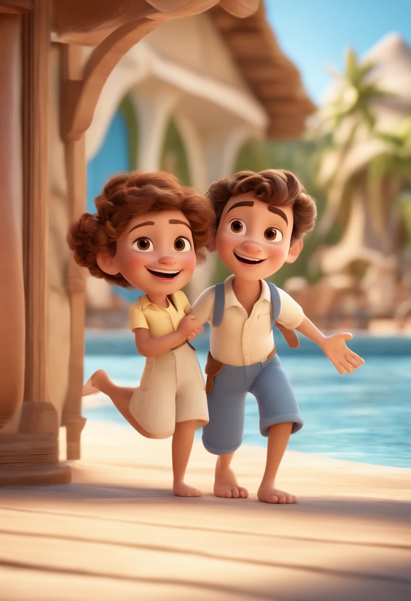 Cartoon of a couple having fun on vacation together, 3D Animation Movie Poster, Poster de filme animado, pixar 3 d animation style, pixar renderman rendering, maia 8 mil, animated film, Disney Pixar Estilo 3D, amigos felizes saem juntos, all wearing light blue shirts and cream brown long pants, camisa azul clara, cream brown pants, ao ar livre, vacation, Disney Pixar Animation Poster