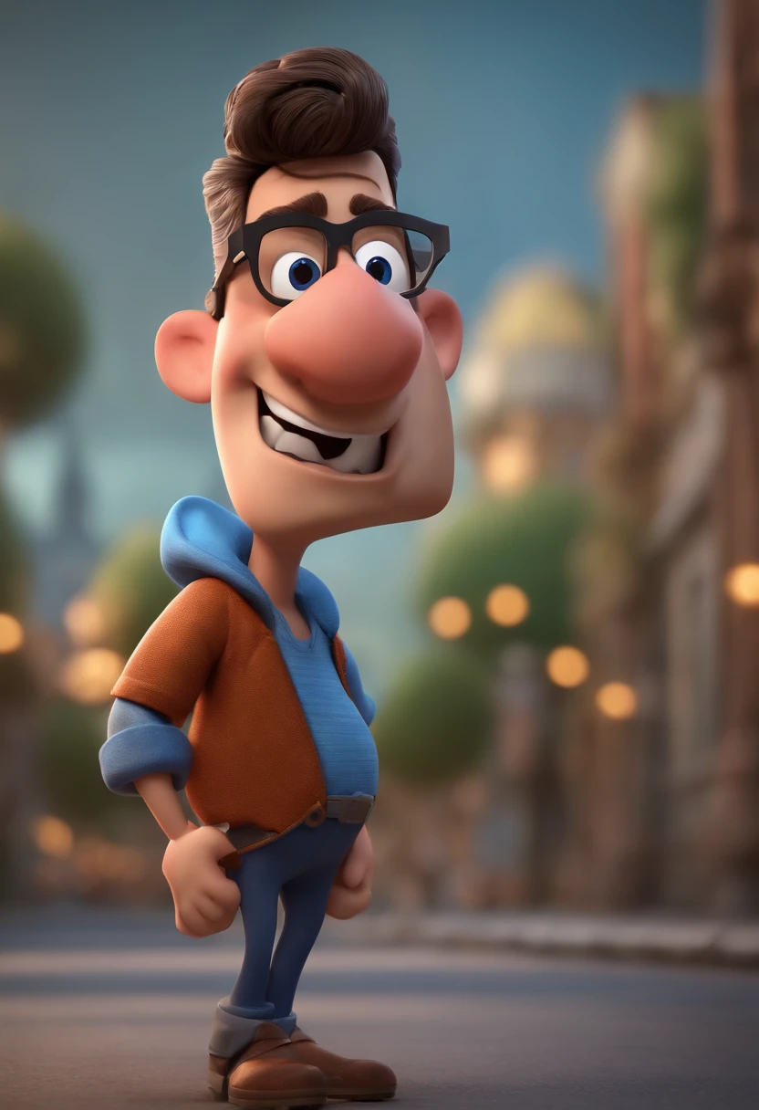 Cartoon character of a man with black glasses and a blue shirt, animation character, Caractere estilizado, animation style rendering, 3D estilizado, Arnold Maya render, 3 d render stylized, toon render keyshot, Personagem 3D, Personagem 3D, 3d rendering stylized, 3 d character render, personagem de desenho animado, Personagem de close up, Pose de personagem,  (Estilo Pixar) (master part:1.2) (Bokeh) (best quality) (pele detalhada) (textura detalhada) (8k) (argila) (Cinematic lighting) (foco nítido