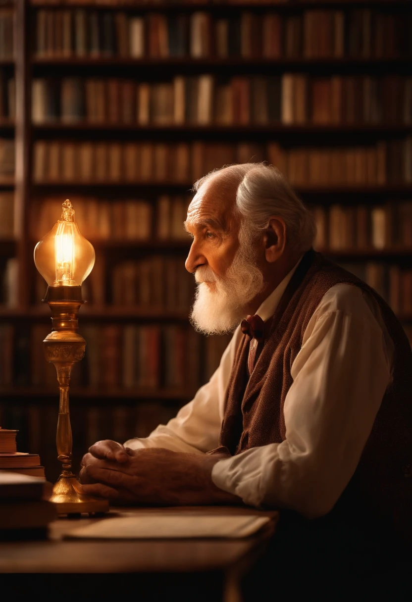 A wise old man standing in front, illuminated by the light of a lamp, against the backdrop of a library