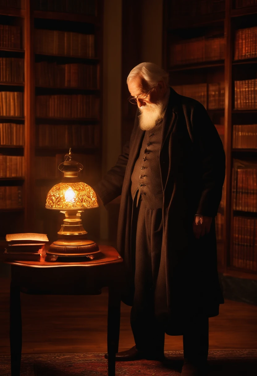 A wise old man standing in front, illuminated by the light of a lamp, against the backdrop of a library