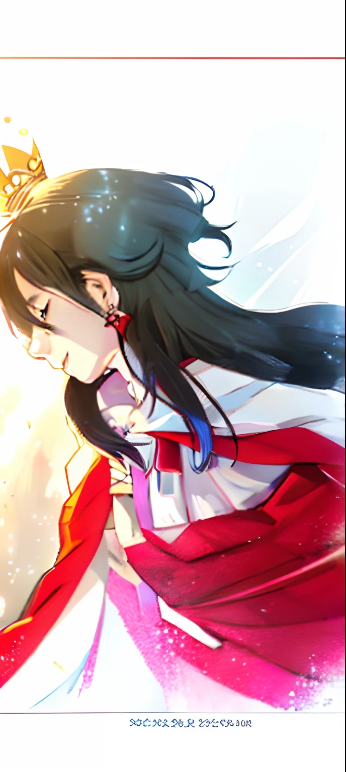 Fate/GrandOrder、 Detailed depiction of the character's facial structure, Bright overall color, schultz 、Light skin tone、caucasic skin、Closed eyes、Sideways face、Black hair fluttering in the wind、Red earrings、Neutral、Drawing in anime style、Red white cloak with lining、A ring of shining stars like a crown on the head、Elegant、Elegant Men