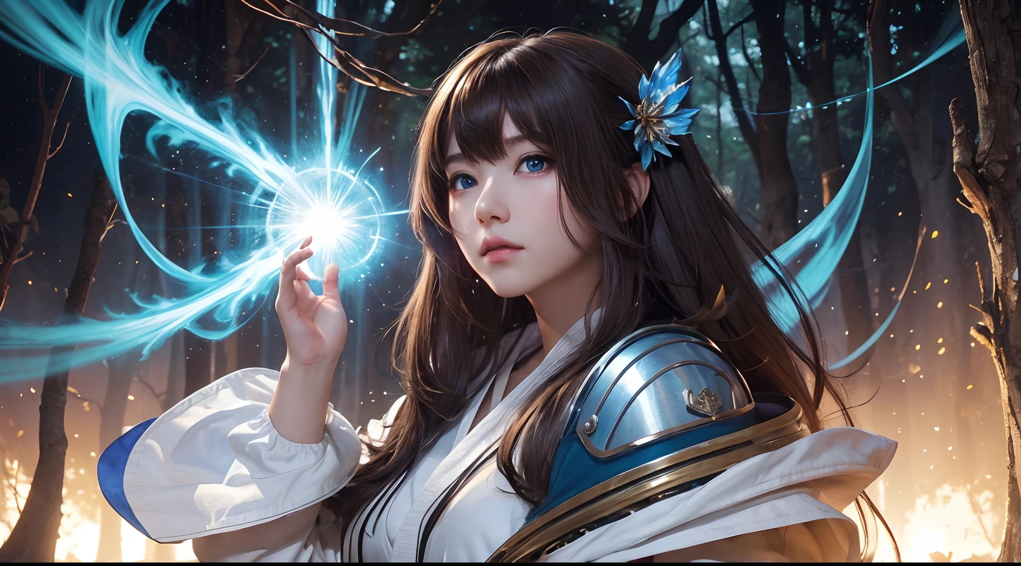 hightquality、8K Ultra HD、fullllbody、-yeld wo、robe blanche、light brown hair、Blue eyes、(There is a nice healing forest in the background)、cute little、Beautiful fece、portlate、Morning light、florals、art by:Alberto Seveso、Symmetrical、Abstract art style、Complex and intricate watercolor painting 、digitial painting、explosion of colors、concept-art、Volumetric lighting、TanvirTamim、metal reflective、2d render、8K。 by artgerm、Trending on ArtStation