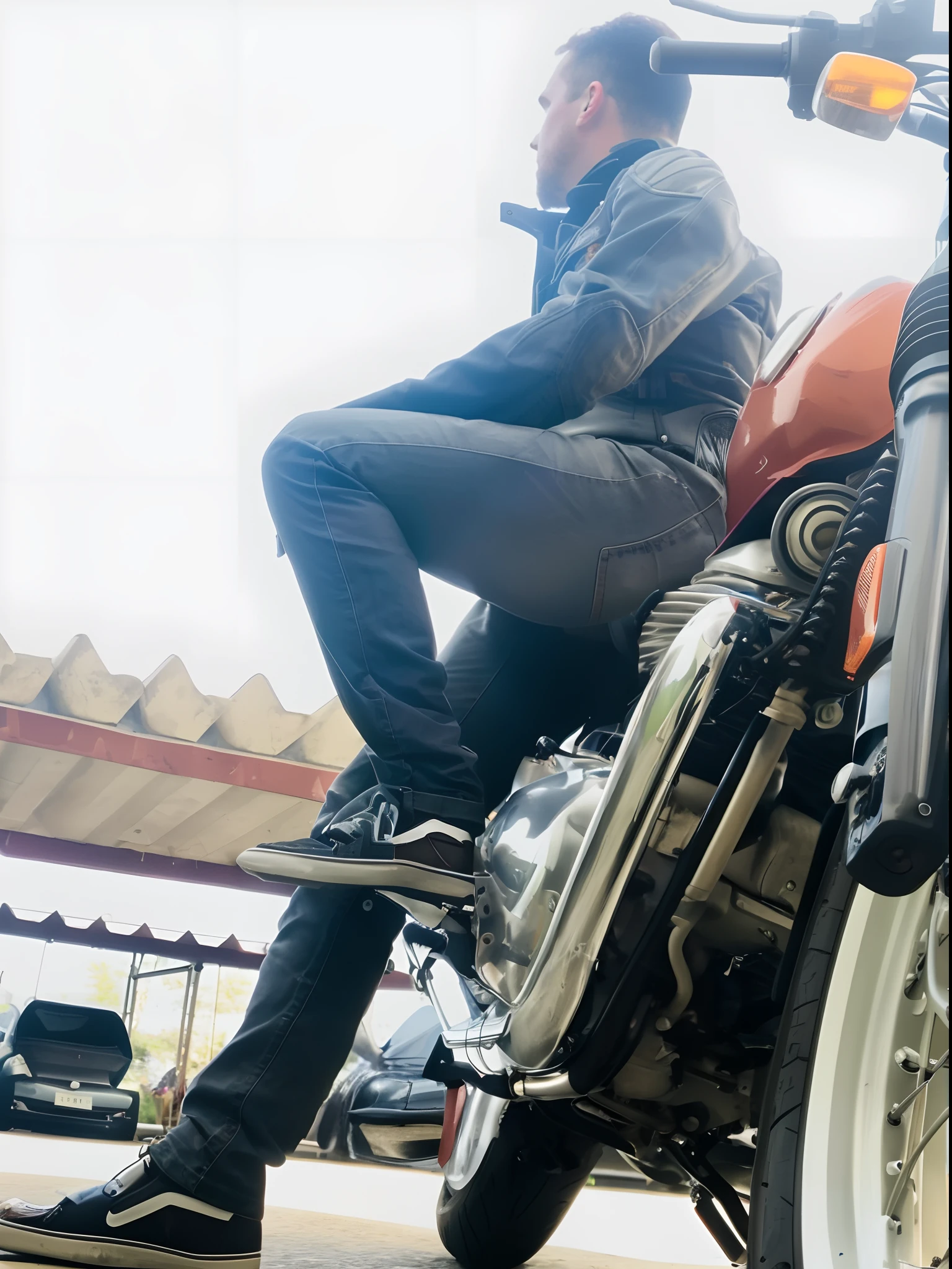 There's a man sitting on a motorcycle in a parking lot, sentado em uma motocicleta, pilotando uma motocicleta, sentado em moto cyberpunk, andar de moto, Andar na estrada, motociclista, 🤬 🤮 💕 🎀, motocicleta, por Romain brook, tiro detalhado pernas-up, andar de moto por uma rua, Motocicletas, imagem de um motociclista masculino, lonely rider